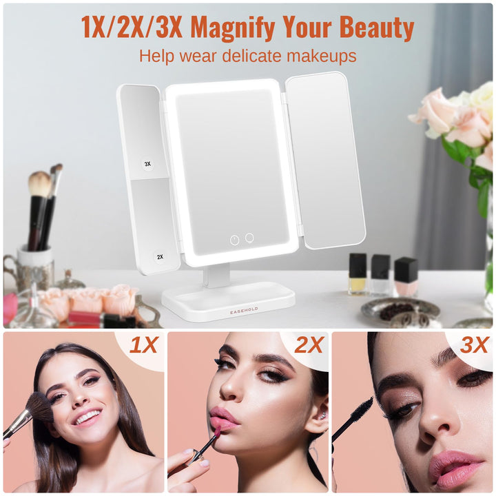 Makeup Mirror with lights, Rechargable Lighted Makeup Mirror with Magnification, 2X 3X, Portable Led Makeup Mirror, 3 Color Lights, Touch Sensor, Trifold Vanity Mirror, Light Up Mirror for Tabletop