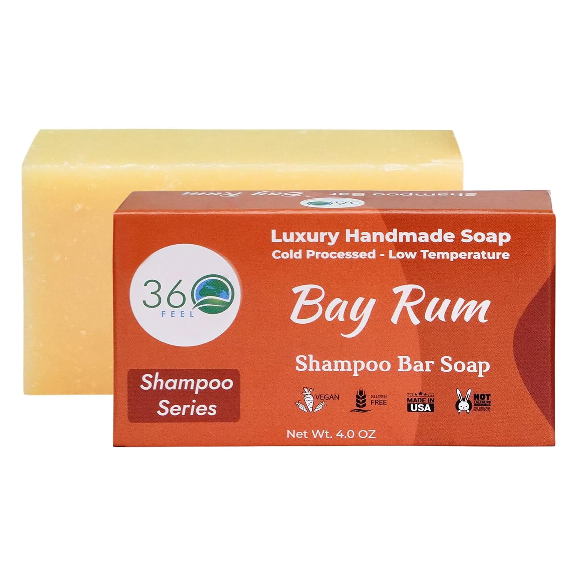 360Feel Bay Rum Shampoo Bar Soap - Vegan Oatmeal Hair Bar: Handmade, Growth Oils, Prevents Loss & Flakes, TSA-OK, Gentle for Al, for Hair/Body/Beard