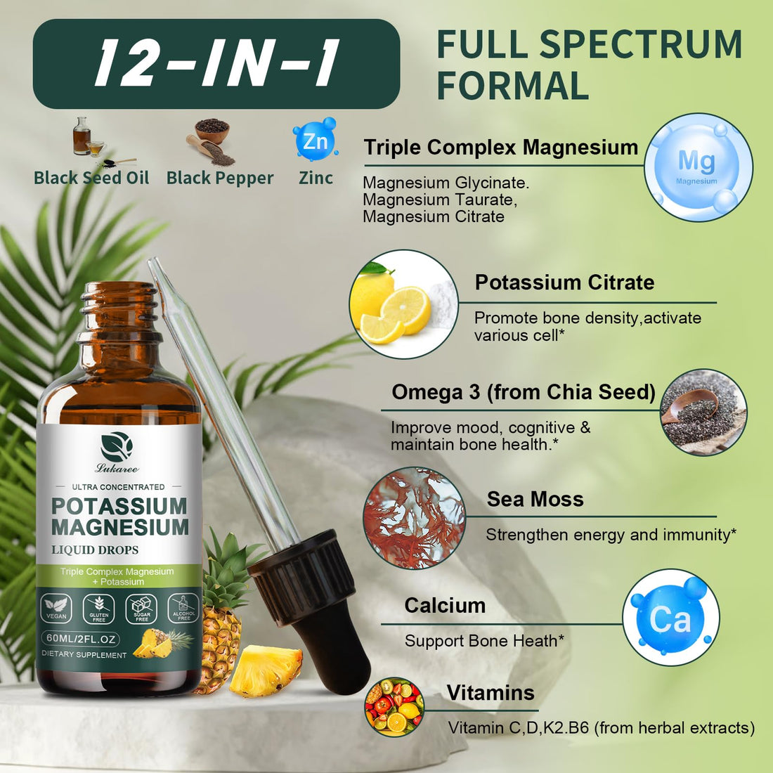 Potassium Magnesium Supplement Liquid w/Triple Complex Magnesium Glycinate & Potassium Plus Omega 3, Sea Moss, Black Seed, D3K2 & Calcium for Zzz, Leg Cramps & Muscle-2 FL OZ Drop