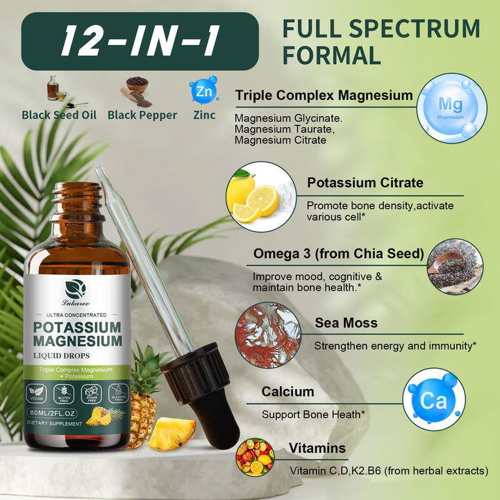Potassium Magnesium Supplement Liquid w/Triple Complex Magnesium Glycinate & Potassium Plus Omega 3, Sea Moss, Black Seed, D3K2 & Calcium for Zzz, Leg Cramps & Muscle-2 FL OZ Drop