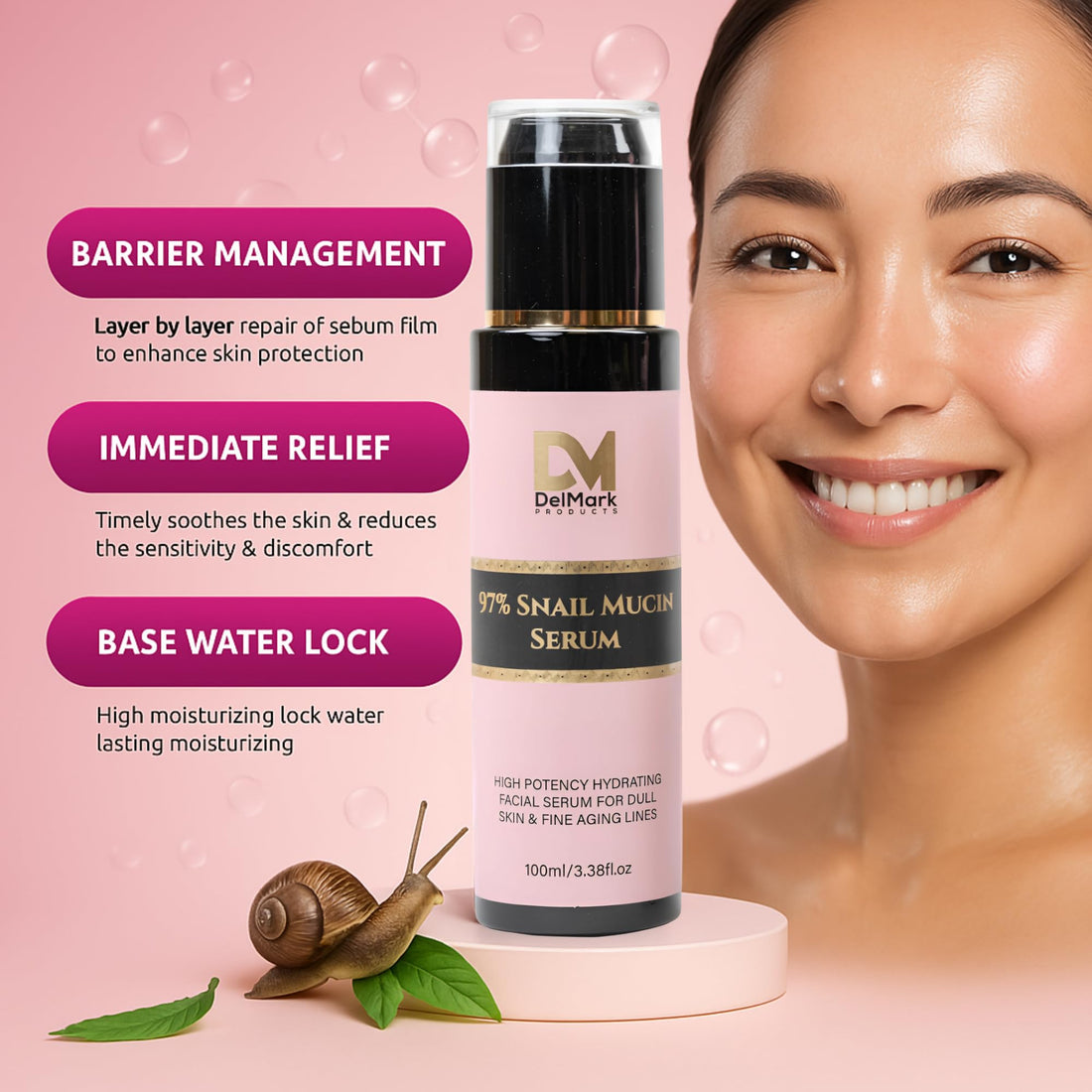 DelMark Products Snail Mucin Serum 100ML, 97% Snail Secretion Filtrate with Hyaluronic Acid, Power Repairing Essence, Dark Spot Remover, Korean Skincare, Hydrating Serum for Face, Eye, and Neck