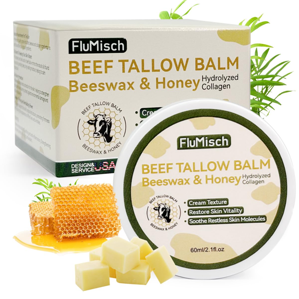 FluMisch Beef Tallow Moisturizer, Tallow and Honey Balm for Skin, Grass Fed Beef with Whipped Tallow Balm, Organic Raw Honey and Beeswax, Moisturizing Cream for Body Skin Care (60ml/2.1fl.oz)