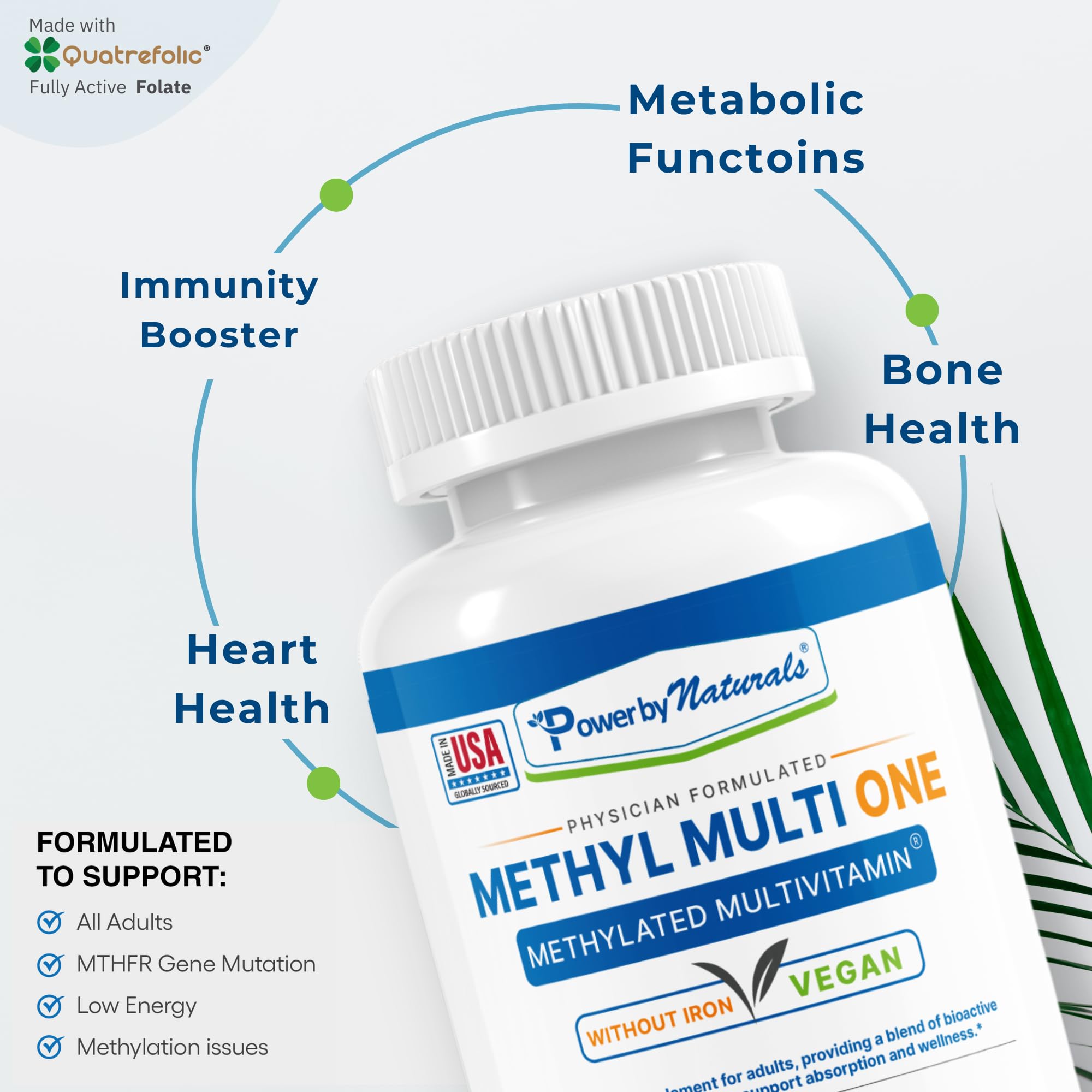 Power By Naturals Methyl Multi One - Iron-Free Methylated Multivitamin with Quatrefolic 5-MTHF, Active B12, P5P, CoQ10 & Zinc for MTHFR Support - Energy & Focus Formula - 60 Capsules (2-Month Supply)