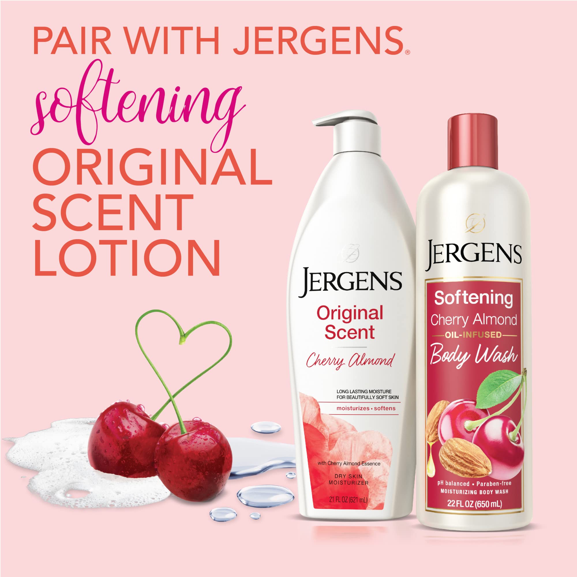 Jergens Softening Cherry Almond Body Wash, Daily Moisturizing Skin Cleanser, Infused with Cherry Almond Oil, pH Balanced, Paraben Free, Dye Free, , Dermatologist Tested, 22 oz (Packaging May Vary)