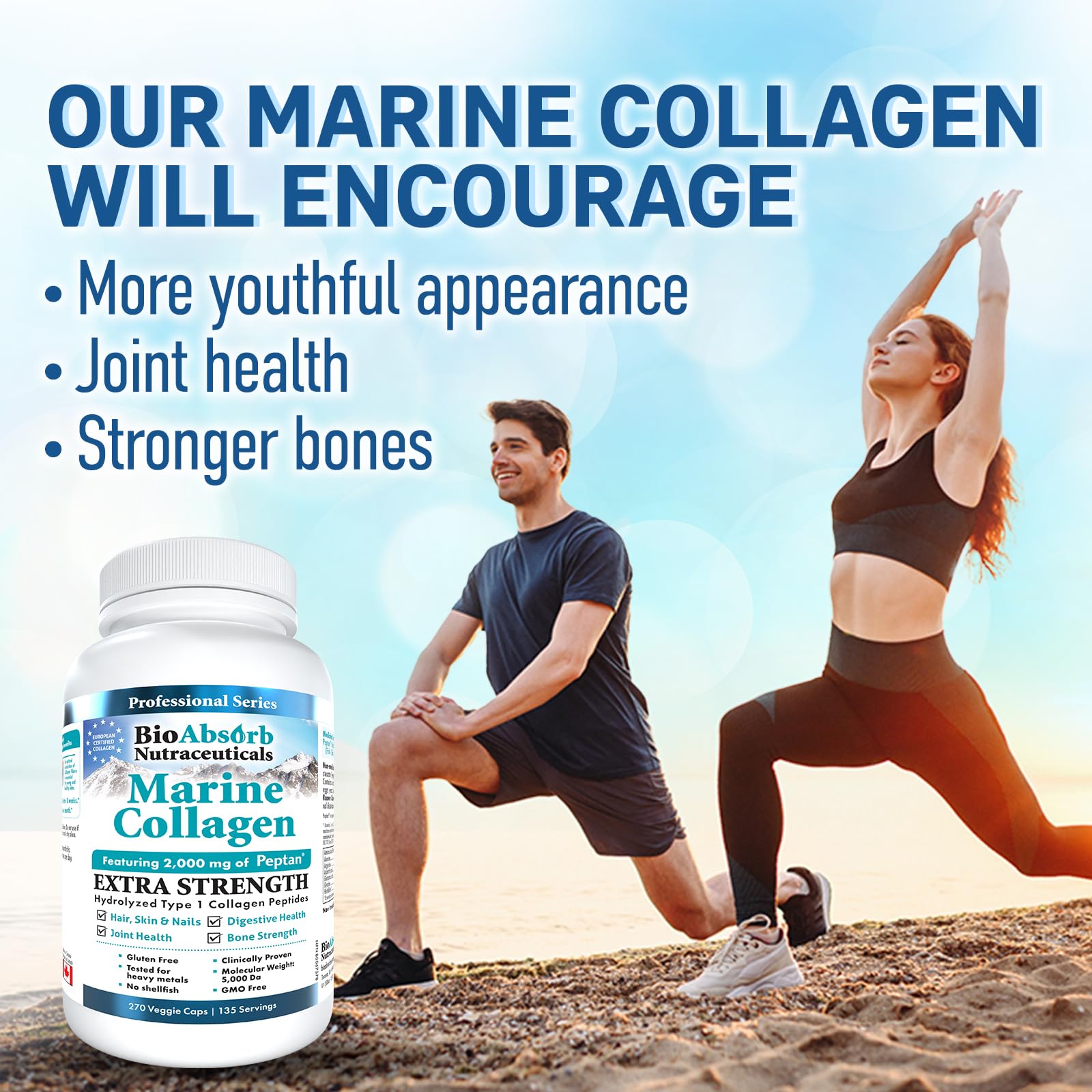 Bio Absorb Marine Collagen Capsules, Mercury Free, No Fish Aftertaste, 67-Day Supply of Hydrolyzed Marine Collagen Powder, Type 1 Marine Collagen Peptides (270 Pills of Fish Collagen Powder)
