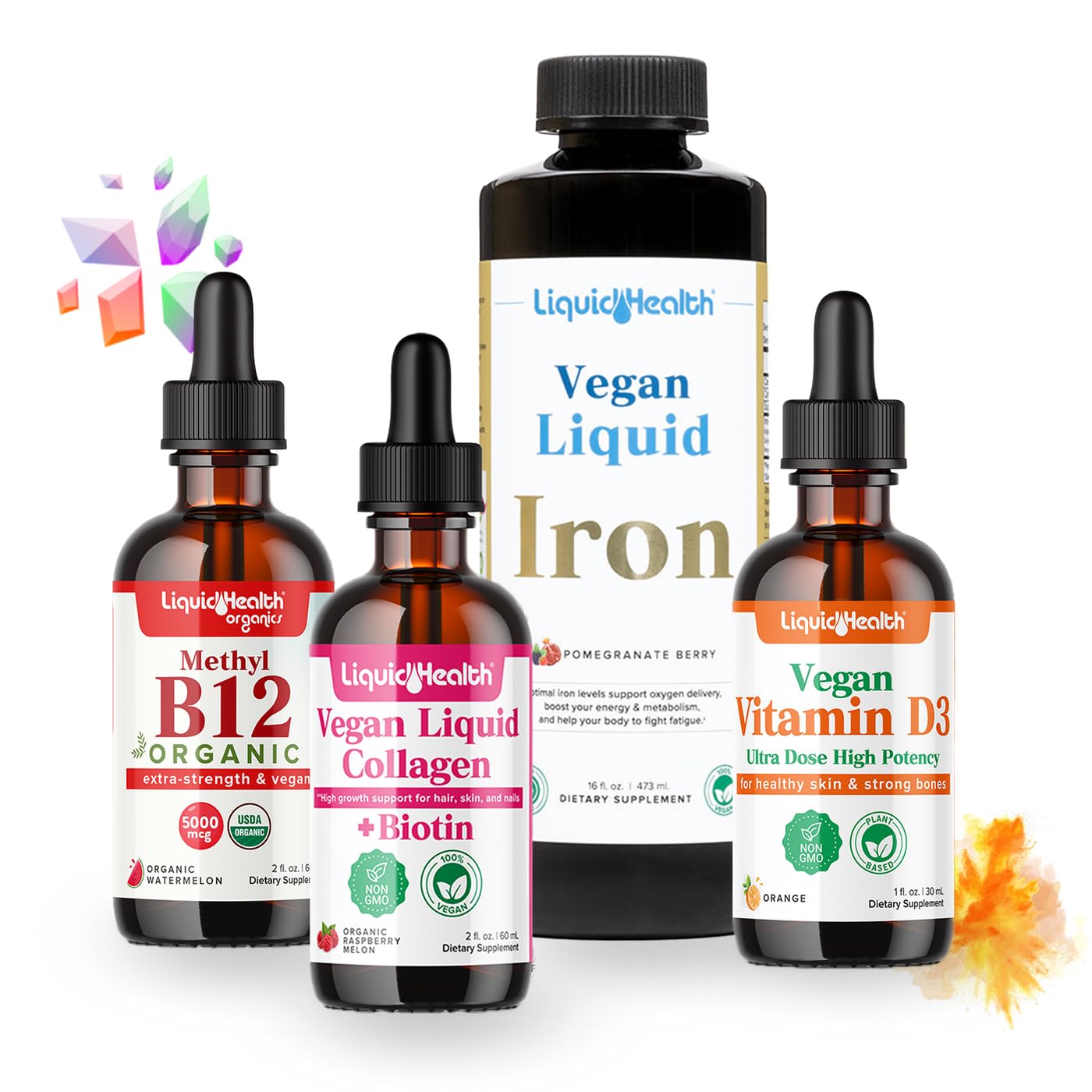 LIQUIDHEALTH Vegan Daily Essentials Vitamin Starter Kit with Organic Methyl B12 Drops, Vegan Liquid Collagen + Biotin, Vegan Liquid Iron, Vegan Vitamin D3 Drops - 100% Plant-Based Vitamin Supplements