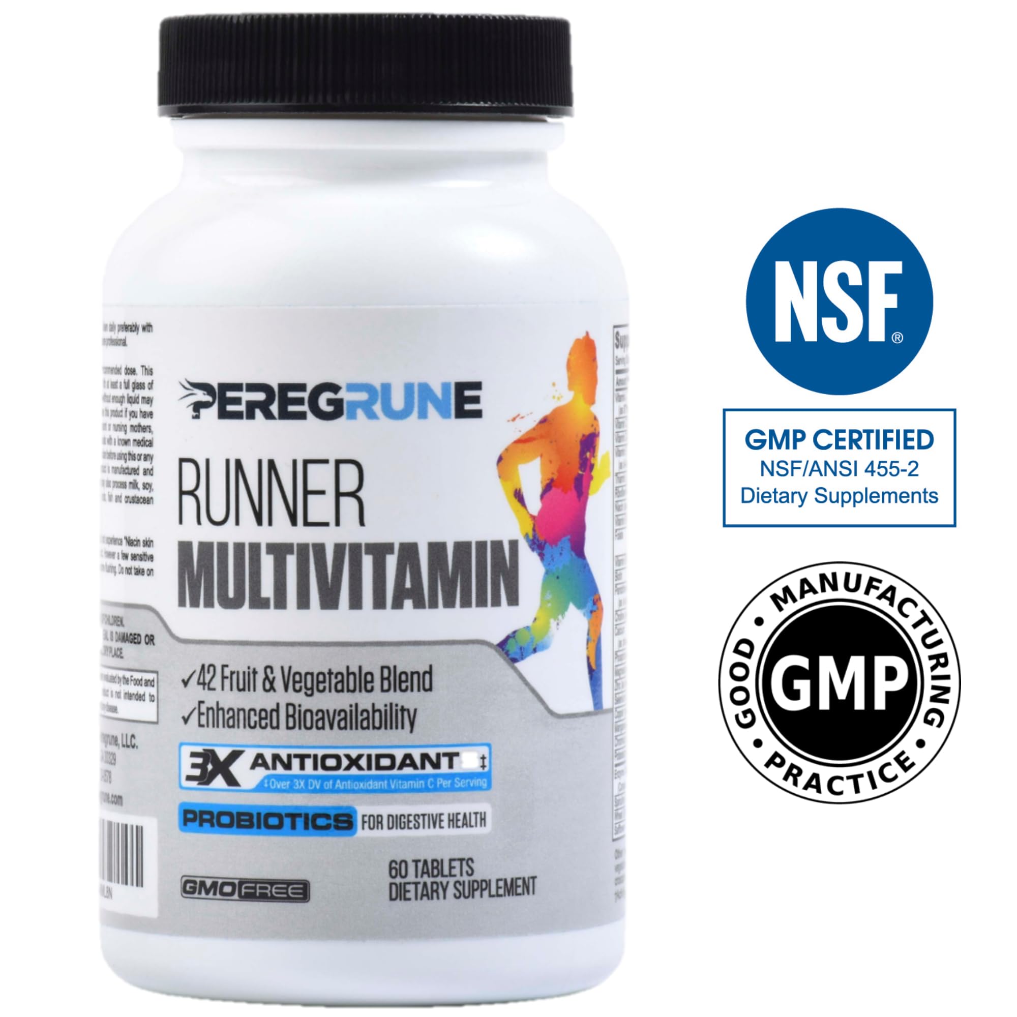 PEREGRUNE Runner Multivitamin – Engineered Vitamin with Antioxidants for Health/Running Recovery – Complete B Complex for Endurance, Energy – Probiotics, Whole Foods – Certified Running Supplements