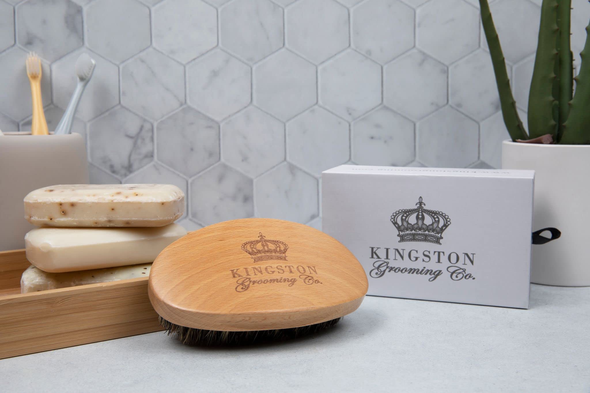 Kingston Grooming- Professional Quality, 100% Natural Wooden Dual Boar Hair Bristle Beard and Hair Brush for Men. Solid Beechwood and Engraved Contour Design with Travel Case.