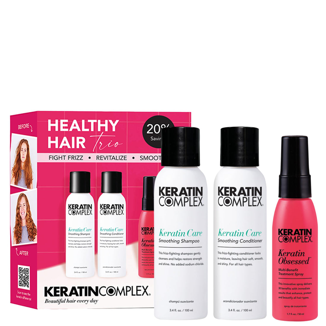 Keratin Complex - Healthy Hair Trio - Keratin Care Shampoo & Conditioner, 3.4 fl oz & Keratin Obsessed Multi-Benefit Treatment Spray, 1.7 fl oz