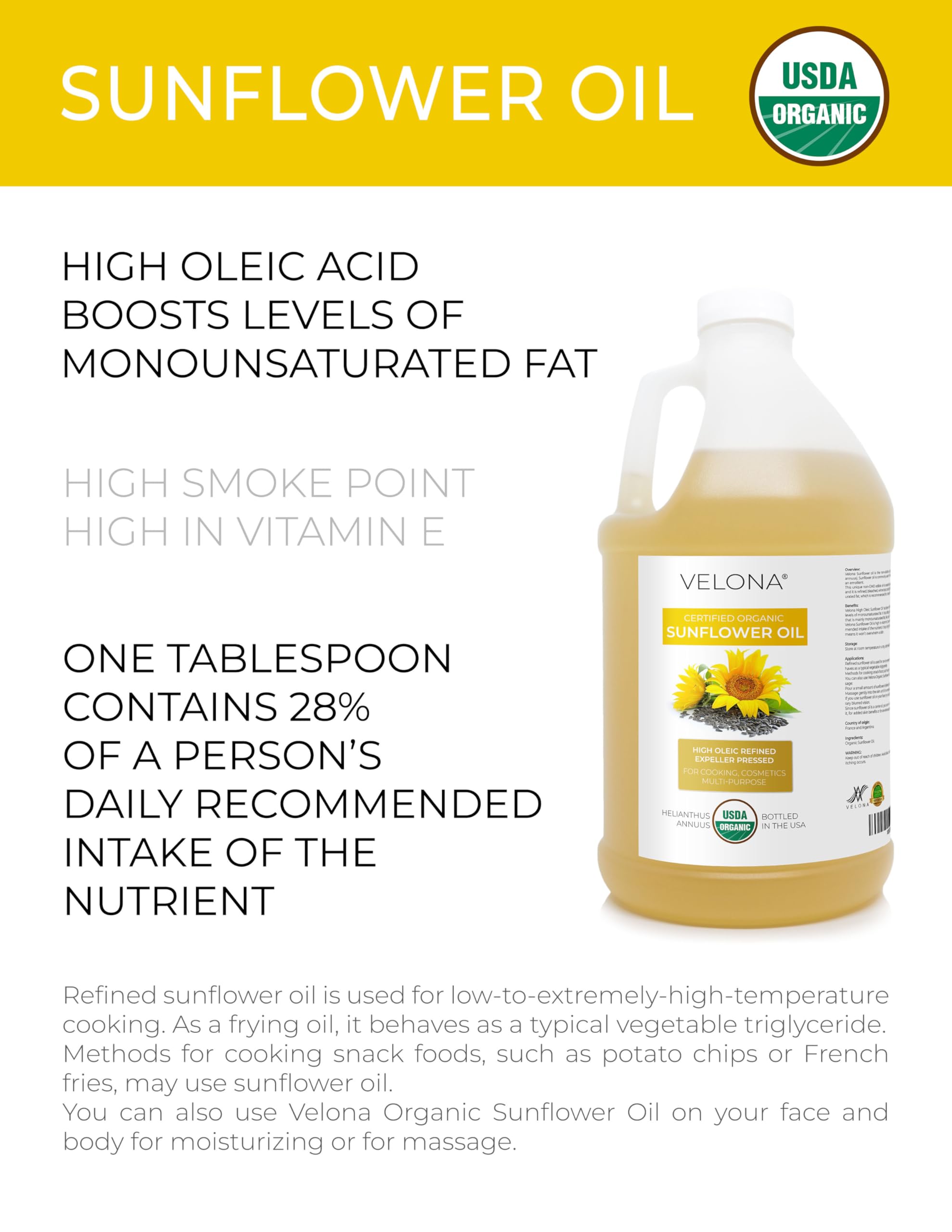 velona USDA Certified Organic Sunflower Oil - 64 Fl Oz | 100% Pure and Natural Carrier Oil | High Oleic, Refined, Expeller Pressed | Cooking, Skin, Hair, Body & Face Moisturizing