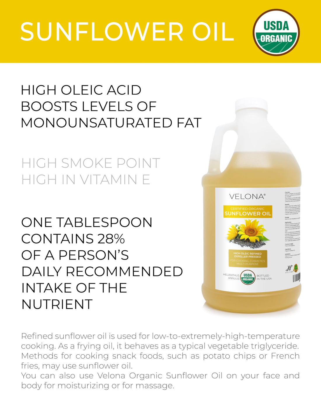 velona USDA Certified Organic Sunflower Oil - 64 Fl Oz | 100% Pure and Natural Carrier Oil | High Oleic, Refined, Expeller Pressed | Cooking, Skin, Hair, Body & Face Moisturizing