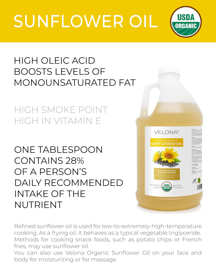 velona USDA Certified Organic Sunflower Oil - 64 Fl Oz | 100% Pure and Natural Carrier Oil | High Oleic, Refined, Expeller Pressed | Cooking, Skin, Hair, Body & Face Moisturizing