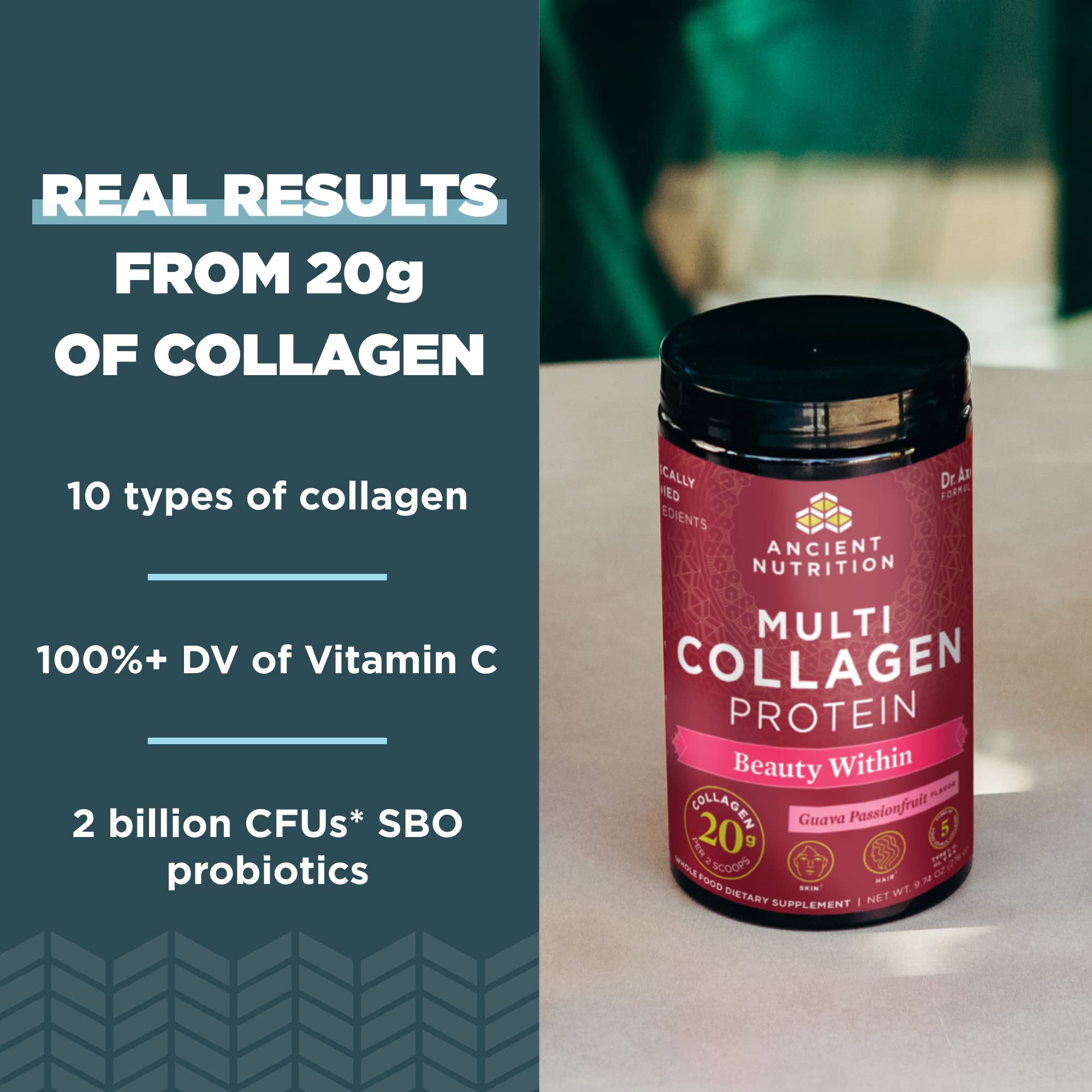 Ancient Nutrition Collagen Powder Protein, Multi Collagen Protein Beauty Within, Guava Passionfruit with Vitamin C, Hydrolyzed Collagen Peptides Supports Healthy Skin and Nails, 18.3oz