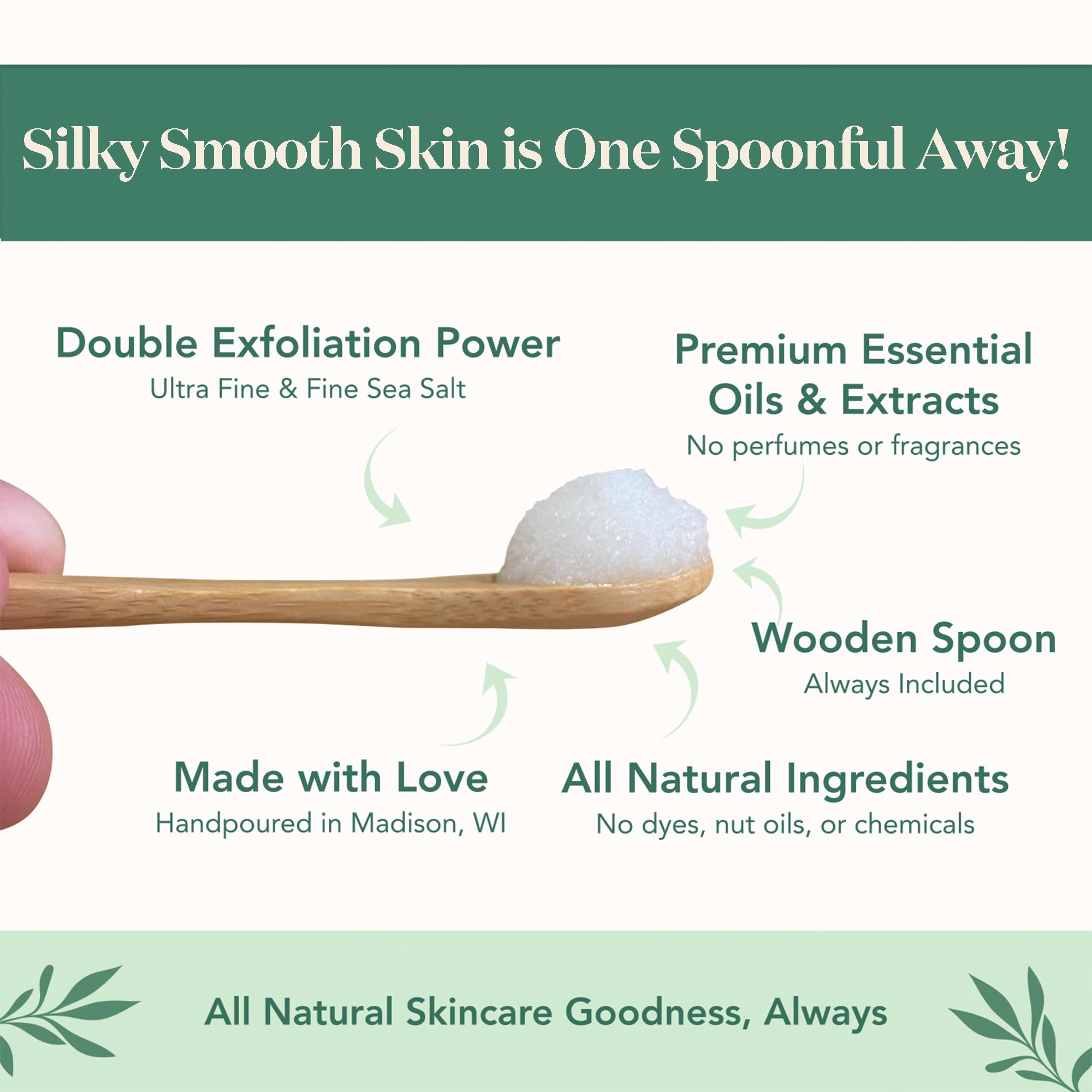 Bare Botanics Unscented Body Scrub 24 oz - Naturally Scented Sea Salt Scrub Made in Madison, WI - Formulated w/Skin Loving Moisturizers - Vegan, Cruelty Free Exfoliator w/a Cute Wooden Spoon