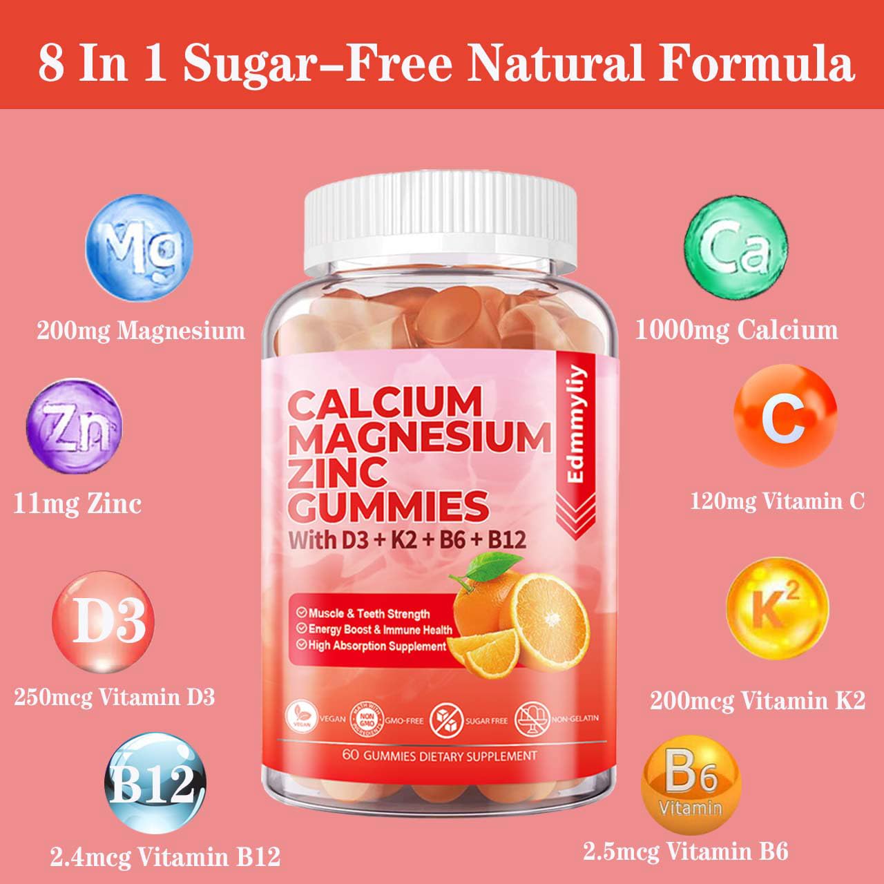 Sugar Free Calcium Magnesium Zinc Supplement Gummies with Vitamin D3 & B12 for Women and Men High Absorption Calcium Magnesium Supplement for Bone & Teeth Strength, Muscle & Immune (120 Counts)