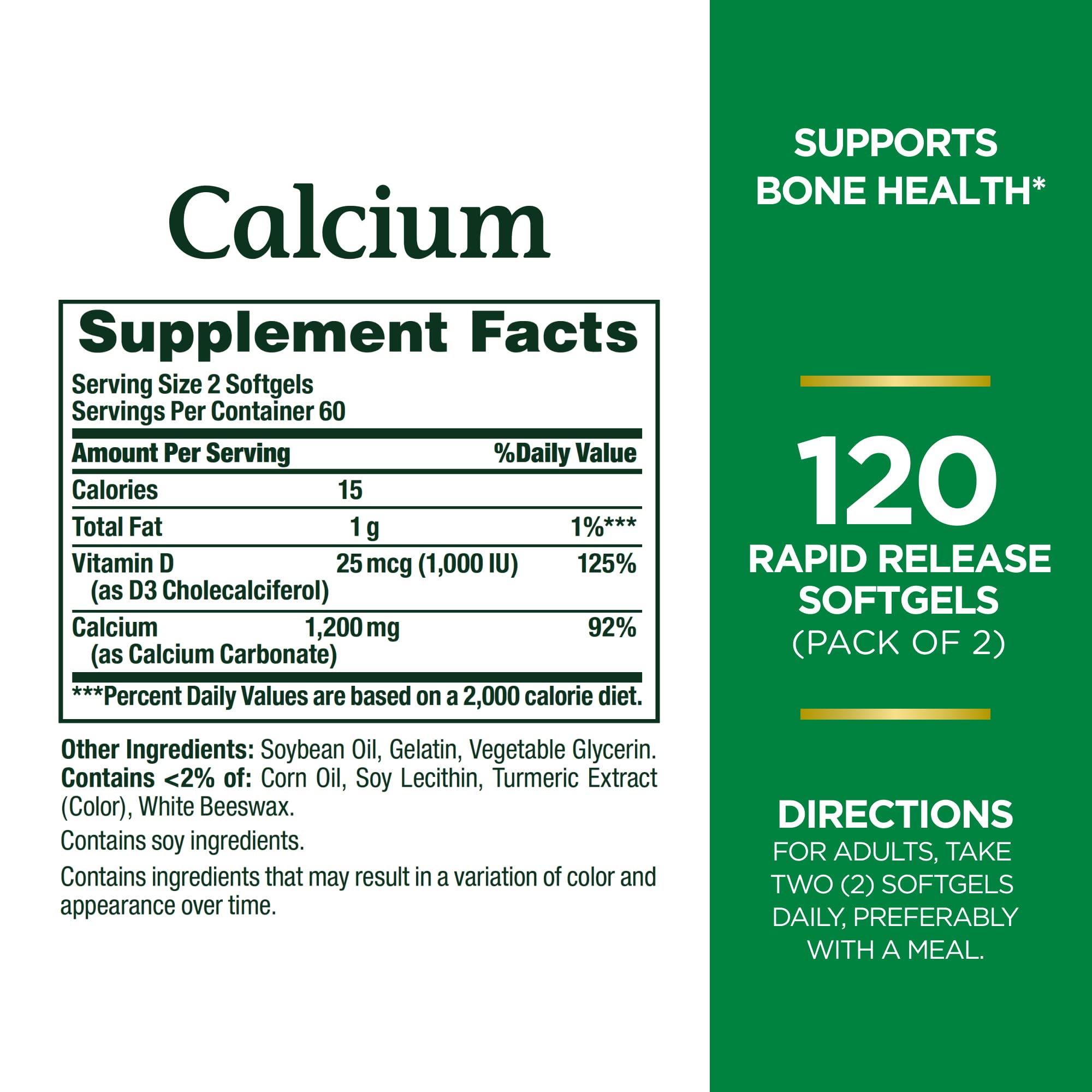 Nature's Bounty Calcium 1200 mg with Vitamin D3 - Bone Health Softgels, Calcium and Vitamin D Supplement, 120 Ct (2-Pack)
