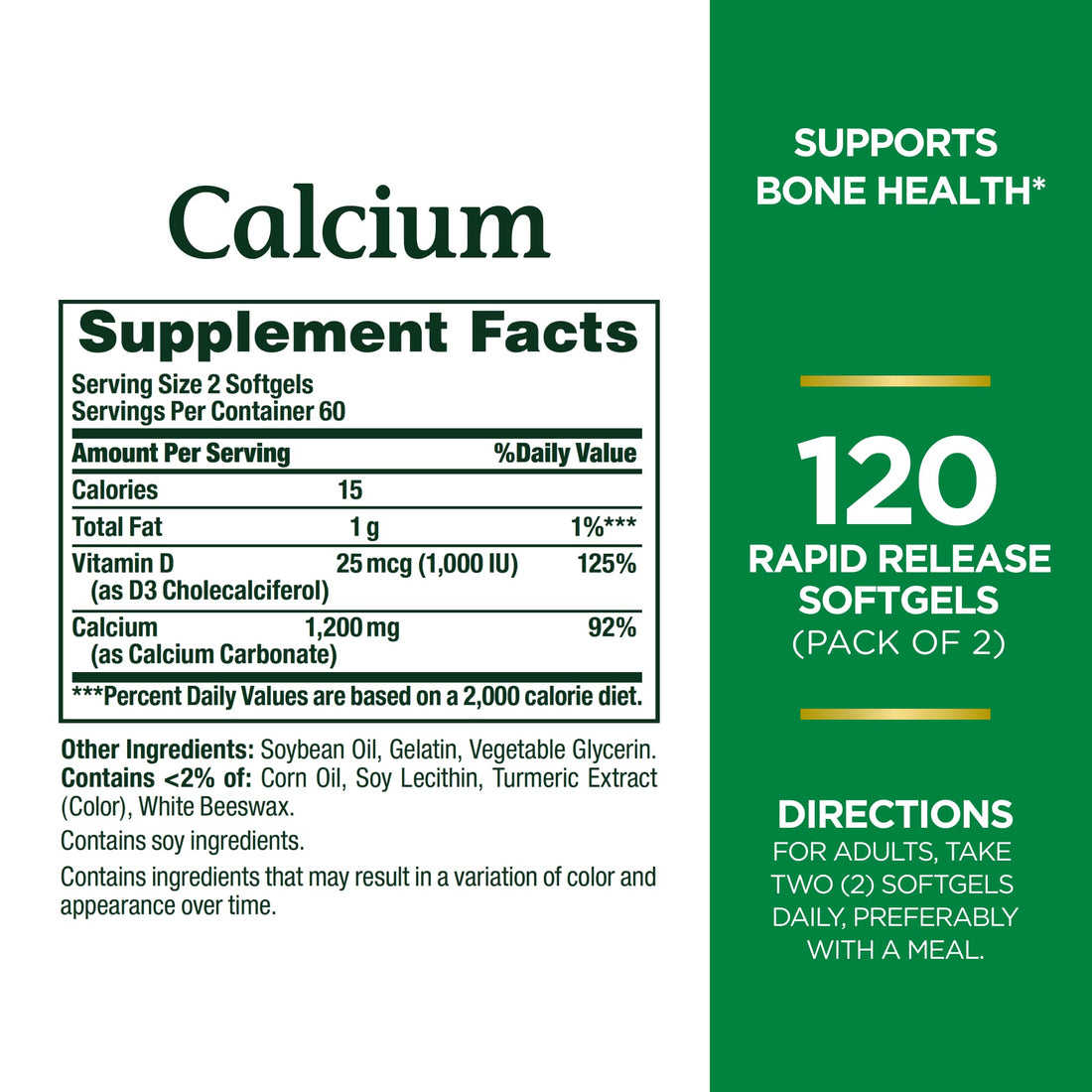 Nature's Bounty Calcium 1200 mg with Vitamin D3 - Bone Health Softgels, Calcium and Vitamin D Supplement, 120 Ct (2-Pack)