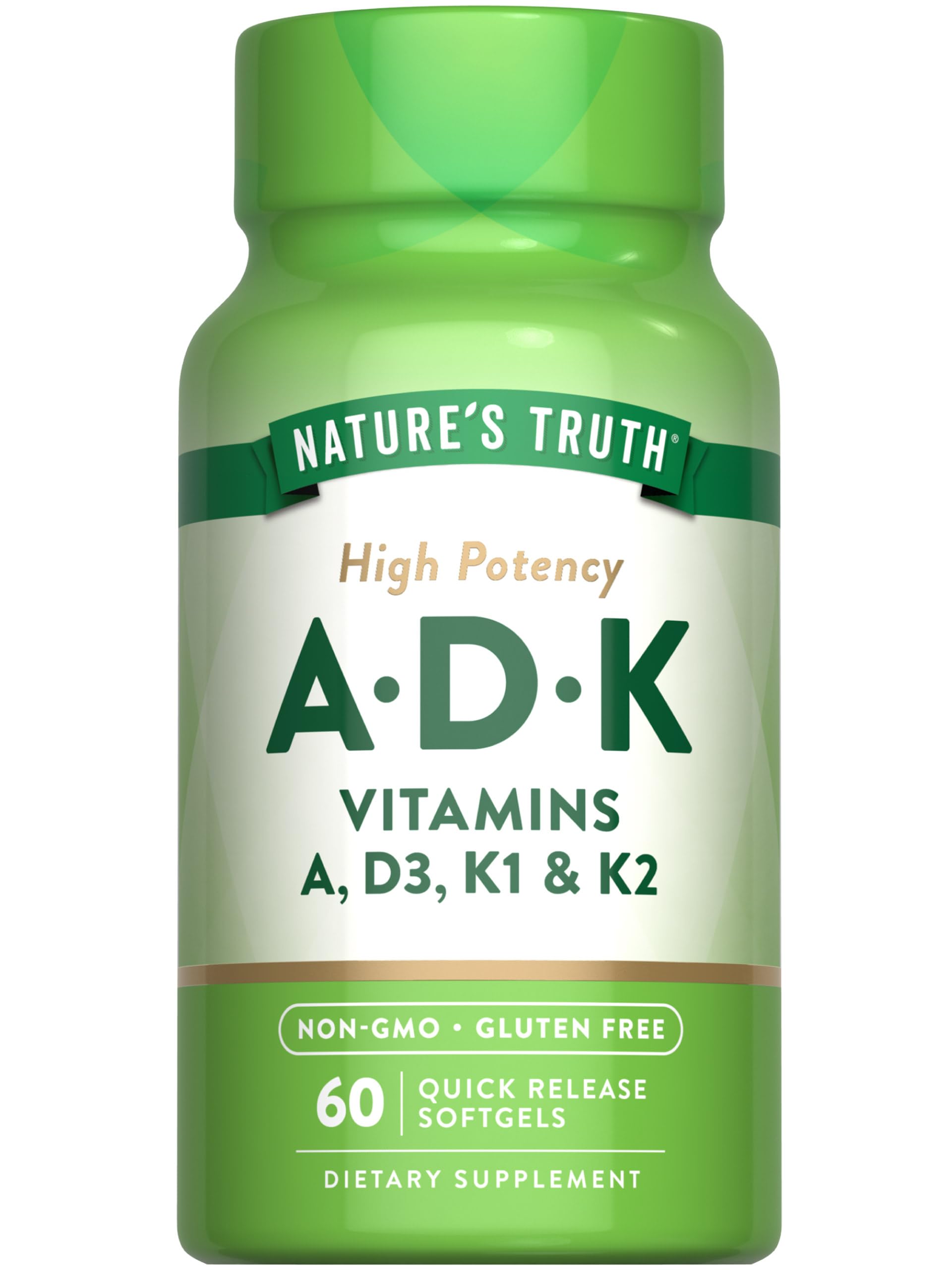 Nature's Truth Vitamin ADK | 60 Softgels | High Potency of Vitamin A, D3, K1 & K2 | Non-GMO & Gluten Free Supplement