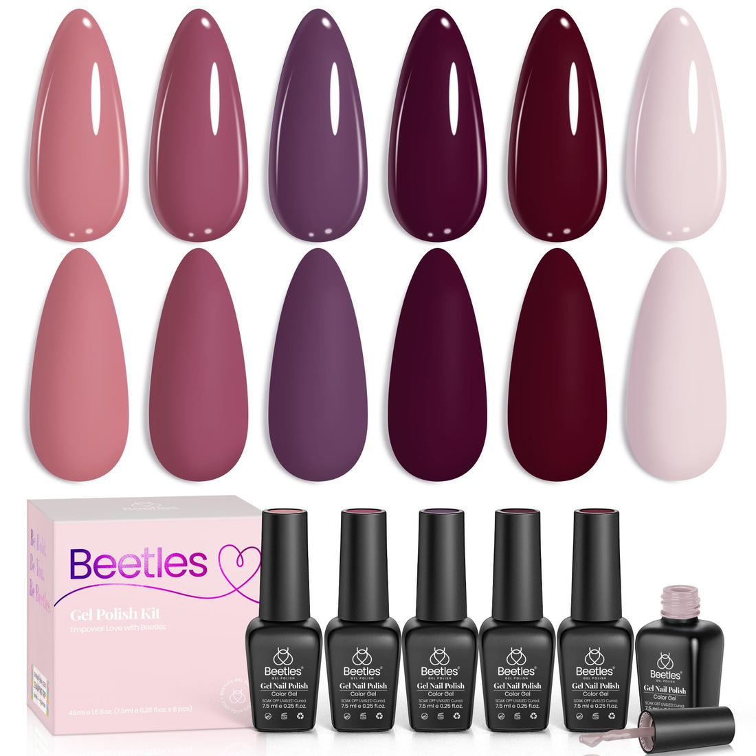 Beetles Burgundy Purple Gel Nail Polish Set - 6 Color Fall Dark Purple Maroon Mauve Plum Gel Polish Kit, Soak Off UV LED Nail Gel for Autumn Manicure Nail Art Gifts for Women