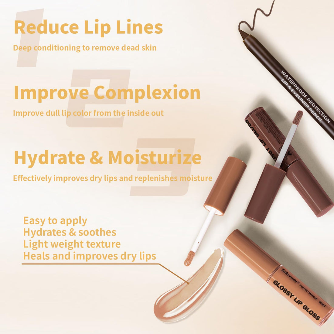 HOSAILY 2 Colors Nourishing Lip Gloss Hydration Non-Sticky Plumping Lip Kit for Women, Natural Nude Tinted Lip Glow Oil Moisturizing Lightweight Long Wear Shiny Liquid Lipstick with Lip Liner Combo