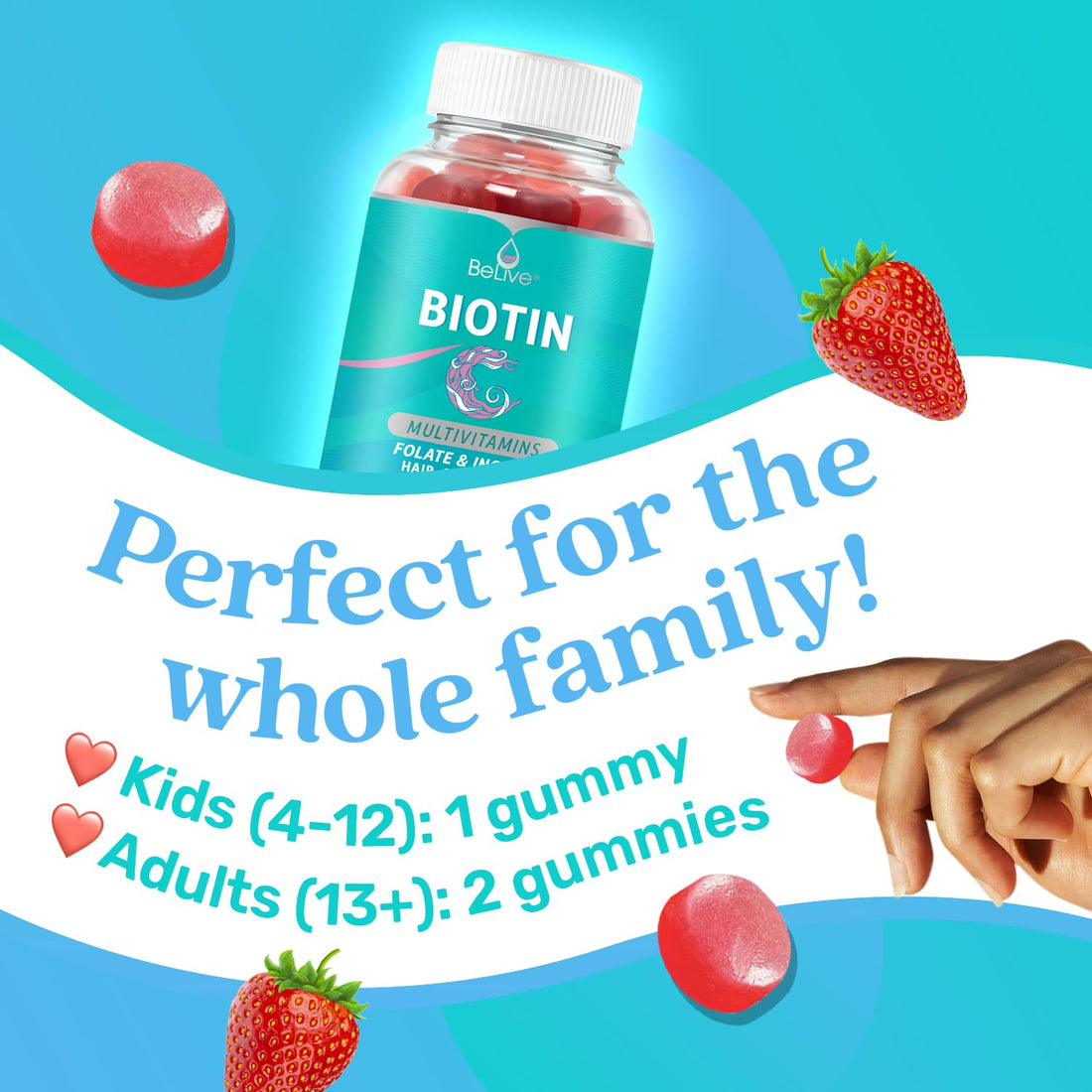 BeLive Biotin Gummies with MultiVitamins, Folate, Inositol – Supports Hair Growth, Healthy Skin & Nails – Vegan, Pectin Based – Strawberry Flavor (1)