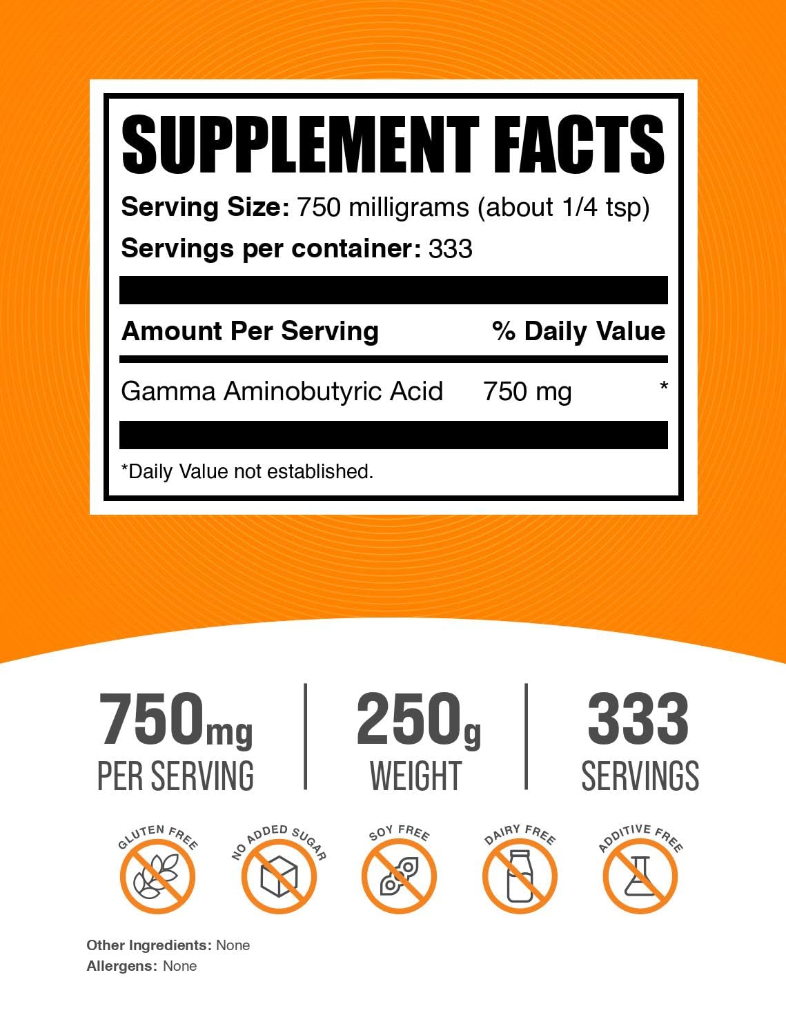 BulkSupplements.com GABA Powder - Gamma Aminobutyric Acid, GABA Supplement, GABA 750mg - Amino Acid Supplement, Gluten Free, 750mg per Serving, 250g (8.8 oz) (Pack of 1)