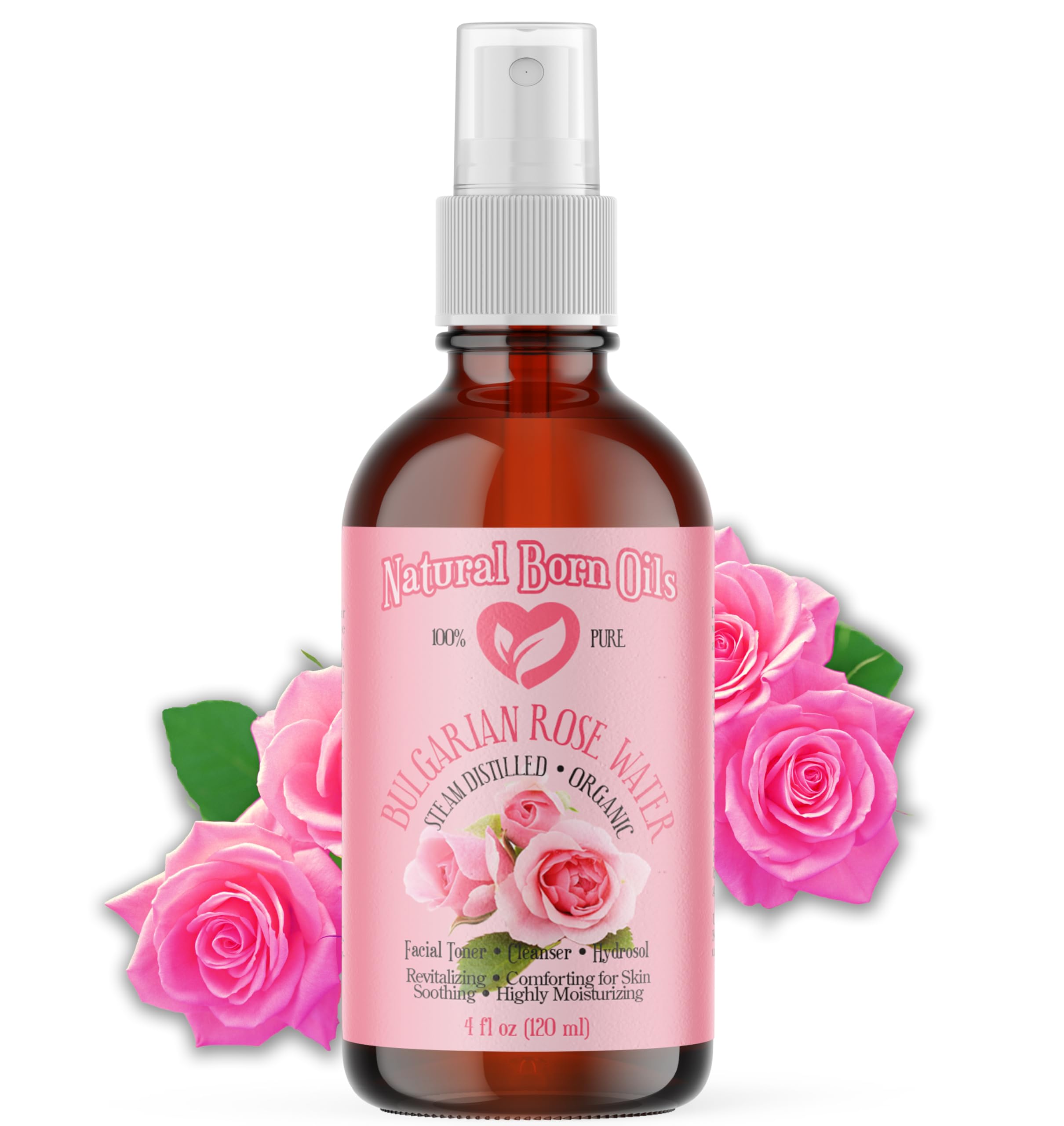 Natural Born Oils 4oz Rose Water Hydrosol, 100% Pure and Natural, Organic, Steam-distilled, Facial Toner Cleanser, with Sprayer
