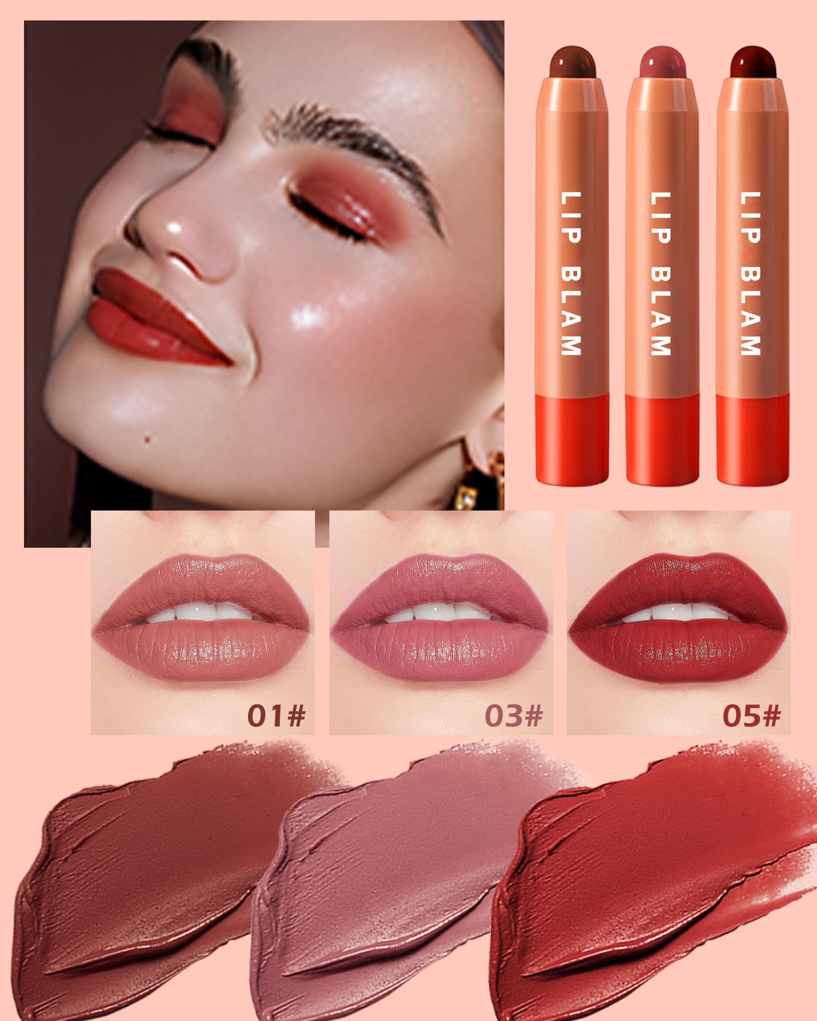Hydrating Tinted Lip Balm Set-3Pcs Gloss Lip Balm Plumper,Long Lasting Lipgloss Creamy Lipstick,Lightweight High-Pigment Lip Stain Pen Lip Crayon Stick,Valentine's Day Makeup Gift for Women-Set A