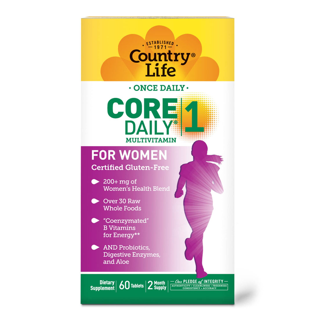 Country Life Women’s Core 1 Daily Multivitamin with Iron, Cranberry, Probiotics, and Digestive Enzymes-Certified Gluten-Free Formula for Energy, Immune Support and Complete Digestive Health,60 Tablets
