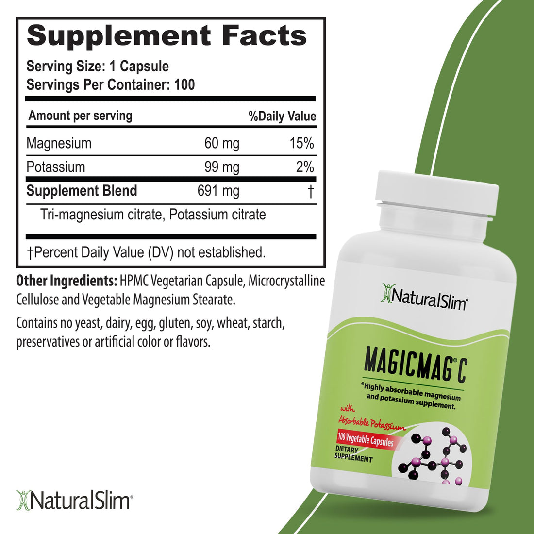 NaturalSlim Potassium Magnesium Supplement 100 Capsules – MagicMag C Magnesium Citrate Supplements for Sleep Support, Heart Health, and Muscle Cramp Relief | Gluten-Free 1 Pack