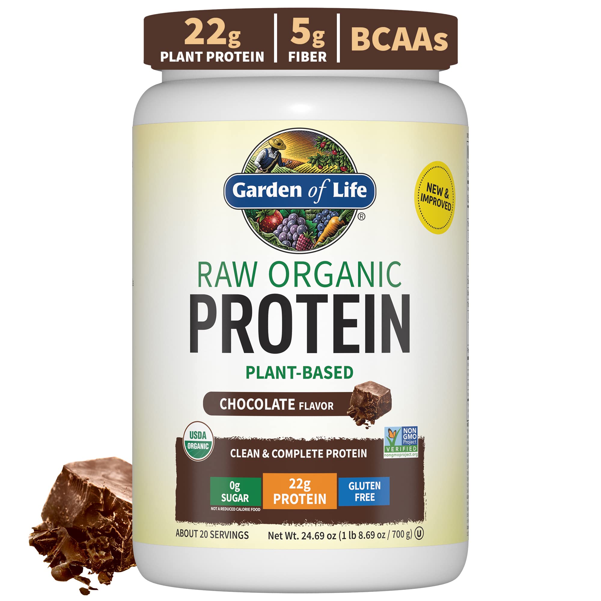 Organic Vegan Chocolate Protein Powder - Garden of Life – 22g Complete Plant Based Raw Protein & BCAAs Plus Probiotics & Digestive Enzymes for Easy Digestion, Non-GMO Gluten-Free, Lactose Free 1.5 LB