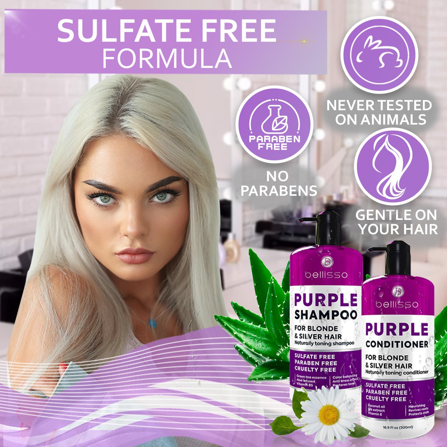 Purple Shampoo and Conditioner Set for Platinum Blonde, Silver, Light, Bleached and Grey Hair - Sulfate and Paraben Free Professional Salon Grade Toner (2 x 16.9 fl oz) – for Women and Men