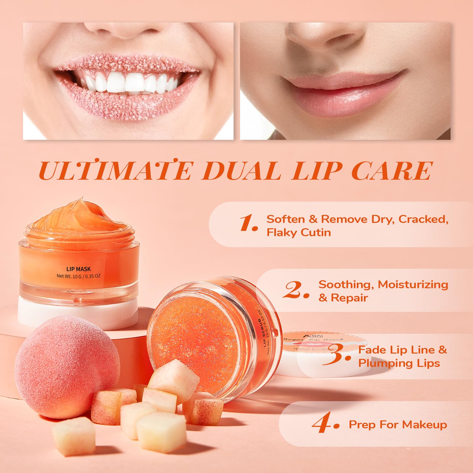 ANAI RUI Lip Mask & Lip Scrub Set, Lip Care Kit, Gift For Mother Girls, Overnight Lip Treatment with Lip Sleeping Mask & Sugar Lip Exfoliator Scrub, Lip Moisturizer for Dry, Chapped, Dark Lips, Peach