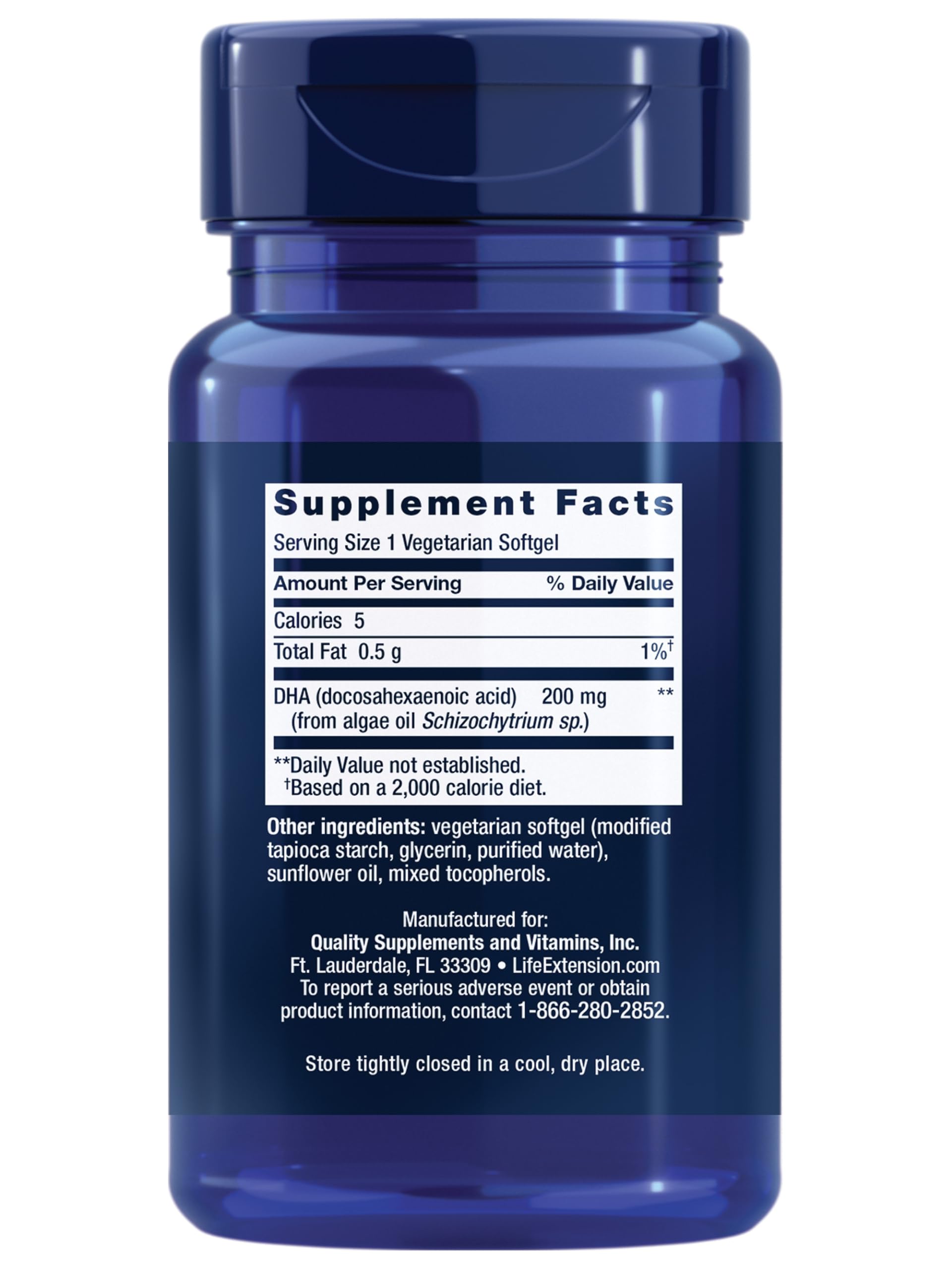 Life Extension Vegetarian DHA, Omega-3 from Algae for cognition, Mood & Eye Health, Gluten-Free, Non-GMO, Vegan, 30 softgels