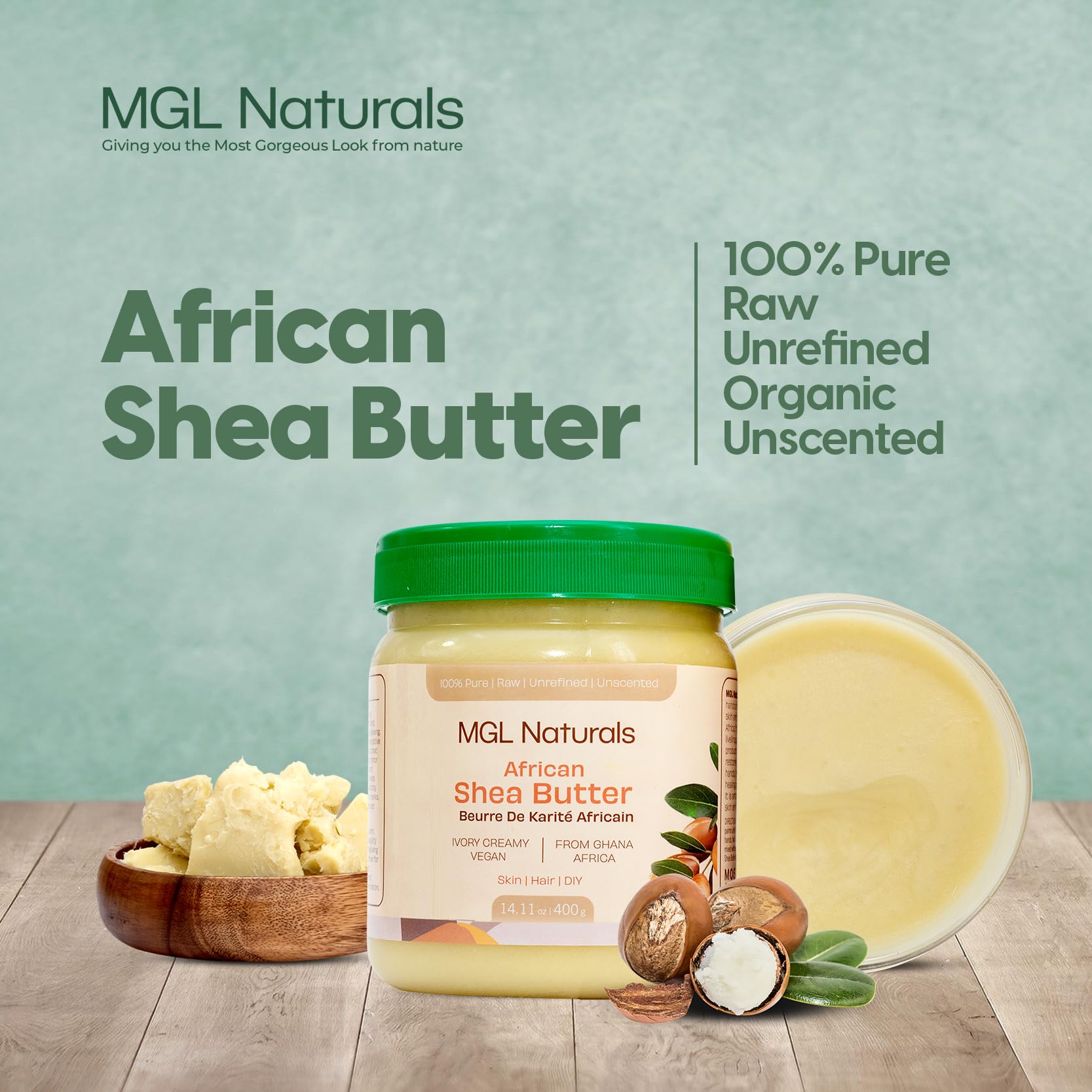MGL Naturals Raw African Shea Butter Ivory, 100% Pure, and Unrefined. Nourish and moisturize hair and skin. Use alone or DIY recipes. From Ghana, West Africa. 16oz in jar