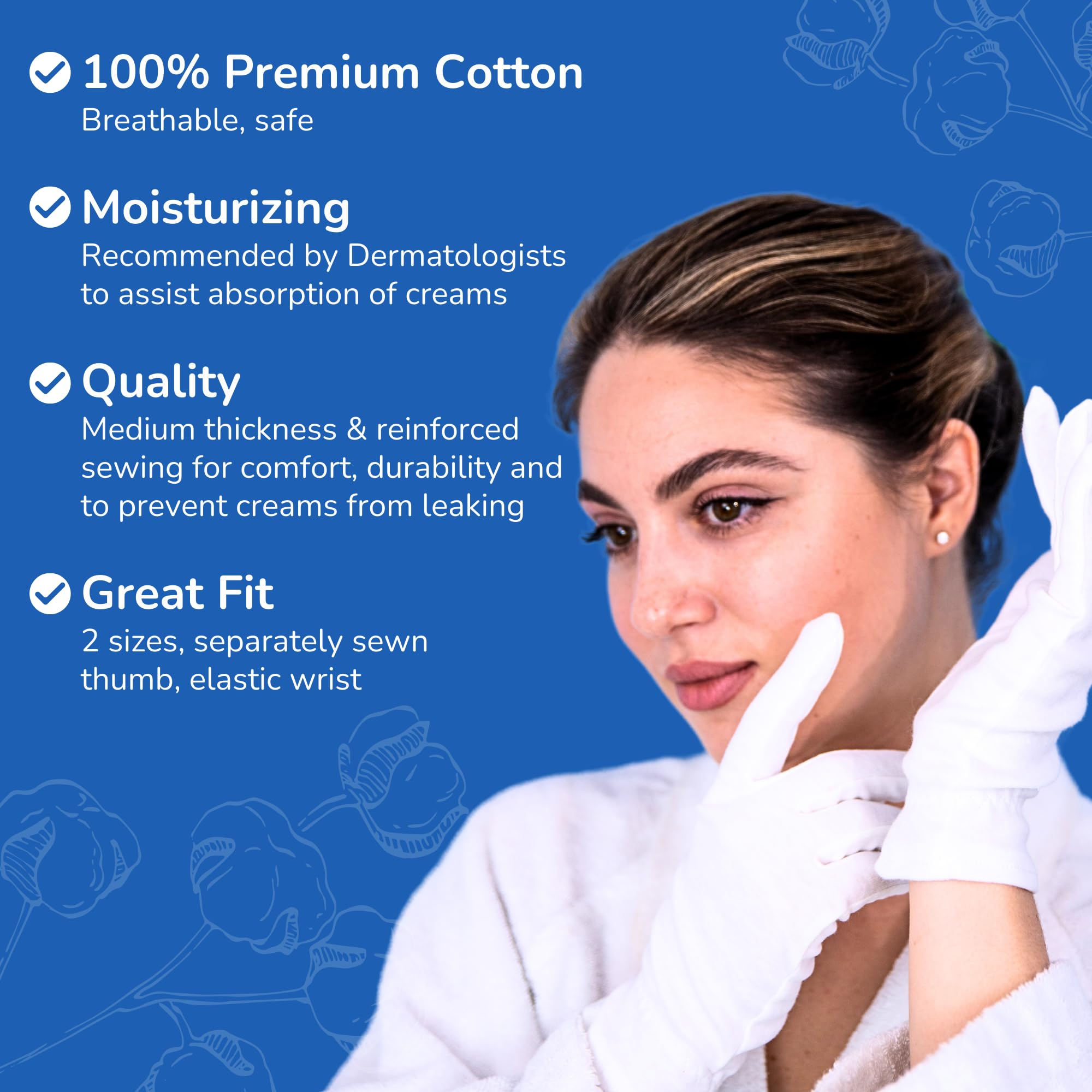 Dermrelief Cotton Gloves - for Beauty, Dry Hands, Eczema, Dermatitis and Psoriasis (Large, 3 Pairs)