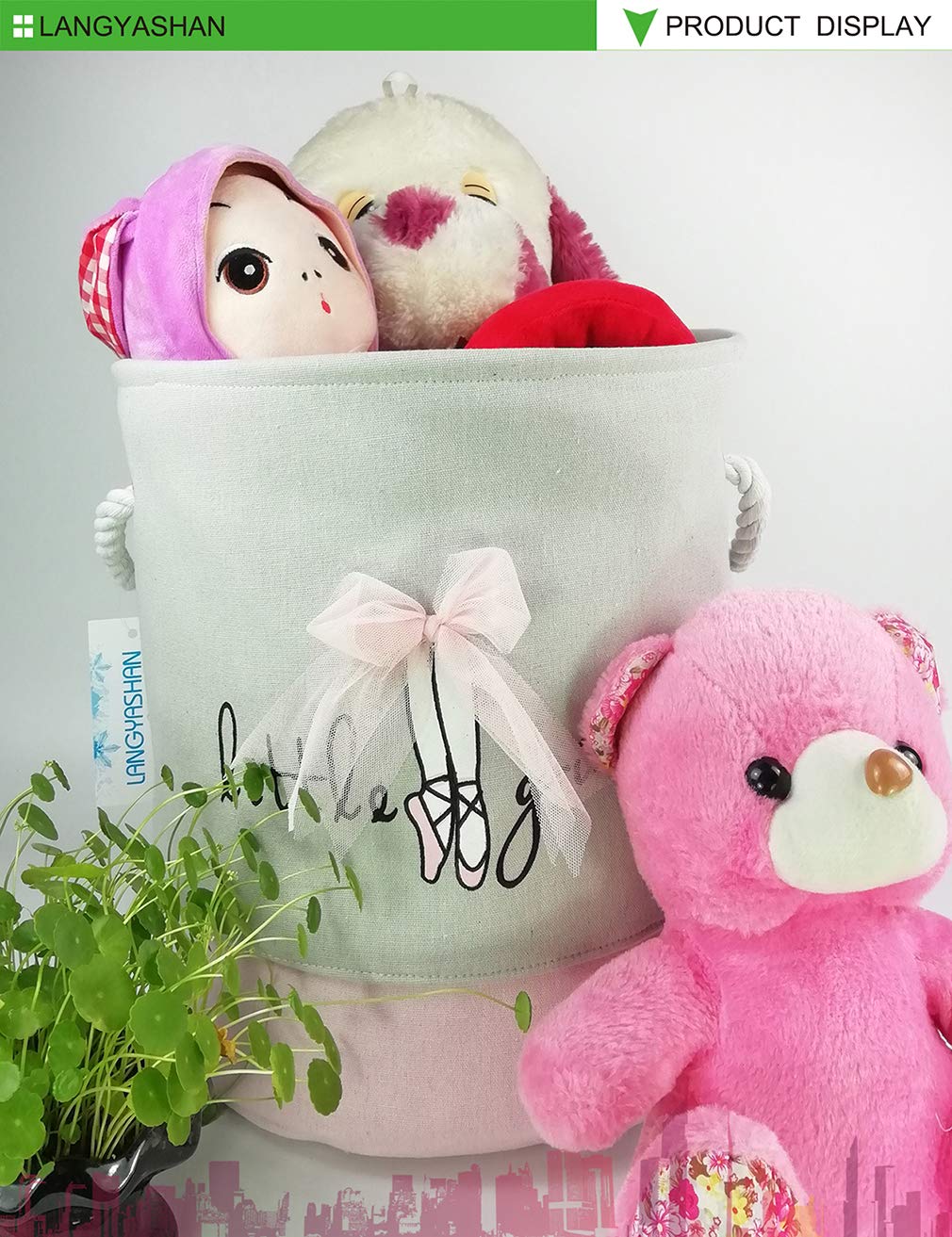 LANGYASHAN Laundry Basket Canvas Collapsible Organizer Storage Basket for Boys Girls Laundry Hamper Toy Bins Gift Baskets Bedroom Clothes Children Nursery (Pink Lace)