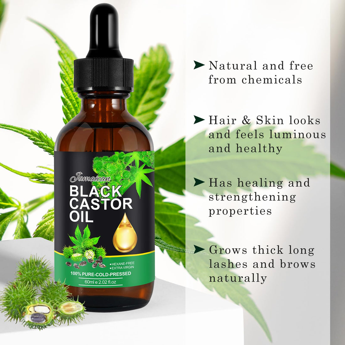 Jamaican Black Castor Oil, Pure Natural Castor Oil for Hair Growth, Castor Oil Organic Cold Pressed Unrefined, Deep Cleansing, Skin & Scalp Moisturizer, Nail Care Grow - 2.02 Fl.Oz