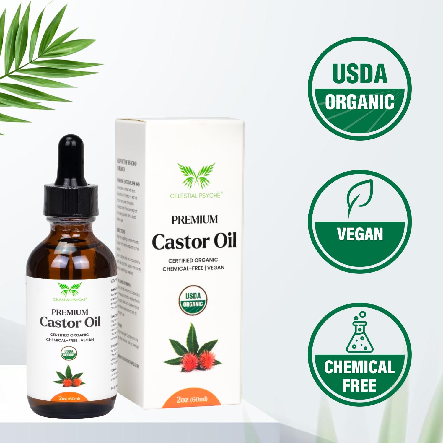 Celestial Psyché USDA Certified Organic Castor Oil (2 Oz with Essential Bundle - Eyebrow Kit) 100% Pure Natural, Chemical-Free, Hexane-Free, Promote Lash, Brow, and Hair Growth, Skin Hydration