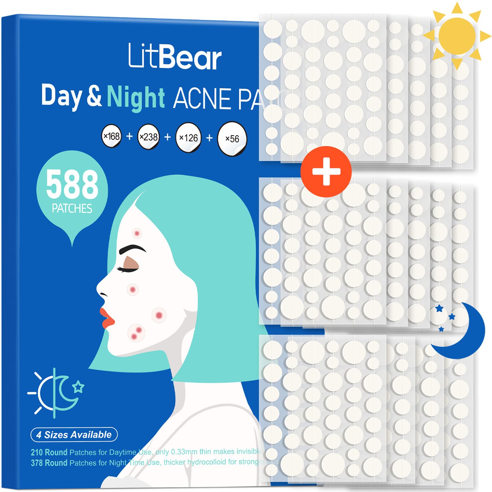 LitBear Acne Pimple Patches- Day and Night 4 Sizes 588 Dots Thin & Thick Hydrocolloid Patches with Witch Hazel, Tea Tree & Calendula Oil, Extra Adhesion for Face Zit Patch Dots