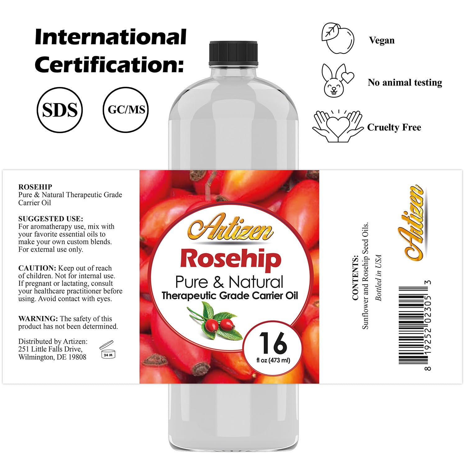 Artizen Pure & Natural 16oz Rosehip Oil for Face, Skin, Body, Hair, Nails & Aromatherapy – Cold Pressed from Fresh Roses & Rose Seeds