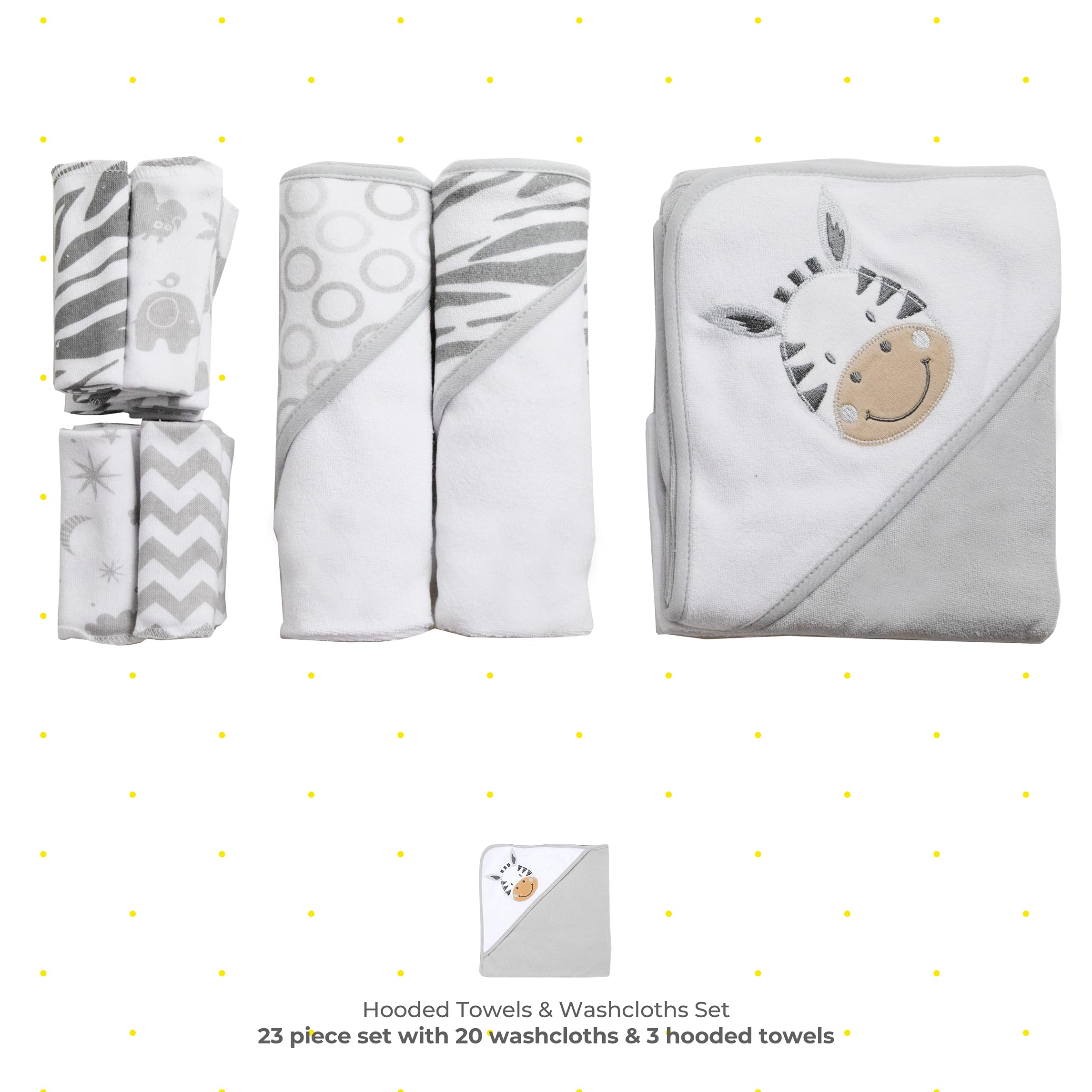 Spasilk 23-Piece Soft Terry Hooded Bath Towel and Washcloth Gift Set, 3 Baby Towels and 20 Baby Washcloths for Unisex Newborn Bath Essentials, Ideal, White Zebra