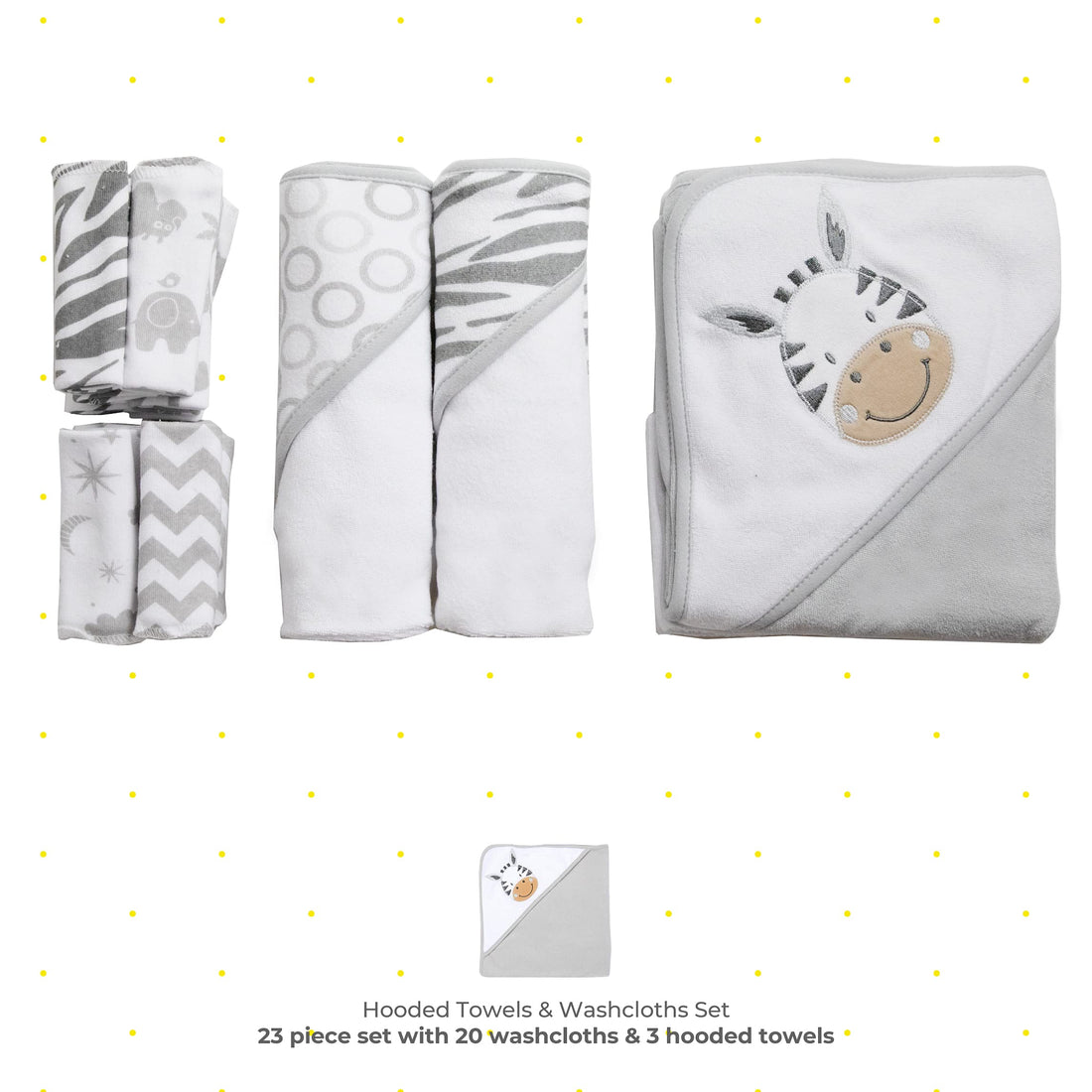 Spasilk 23-Piece Soft Terry Hooded Bath Towel and Washcloth Gift Set, 3 Baby Towels and 20 Baby Washcloths for Unisex Newborn Bath Essentials, Ideal, White Zebra