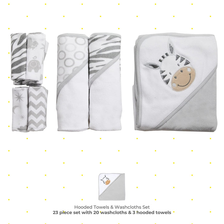 Spasilk 23-Piece Soft Terry Hooded Bath Towel and Washcloth Gift Set, 3 Baby Towels and 20 Baby Washcloths for Unisex Newborn Bath Essentials, Ideal, White Zebra