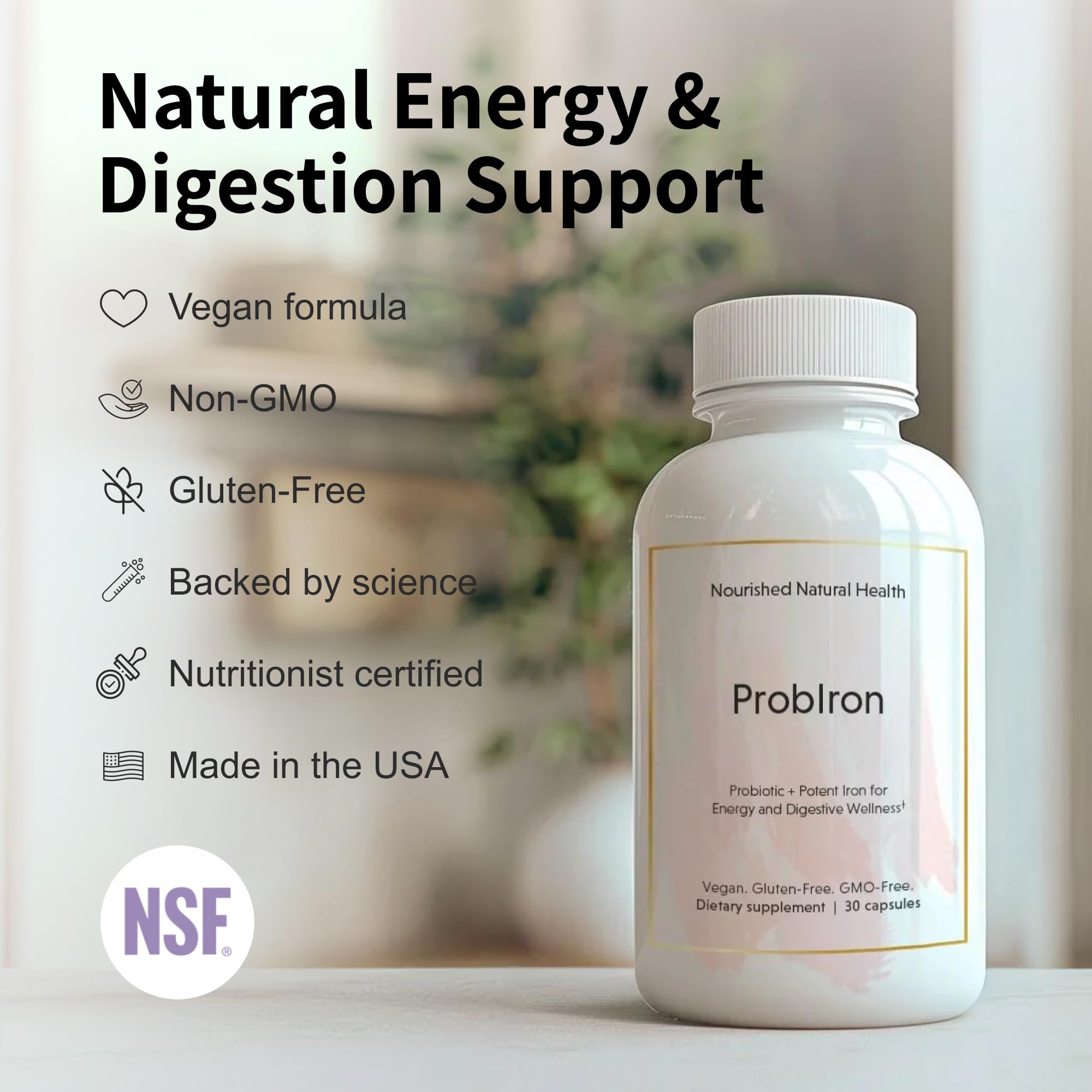 Nourished Natural ProbIron - Women's Probiotic + Iron Supplement Boosted with Vitamin C and Copper - Vegan Formula for Energy and Digestive Wellness - 120 Capsules