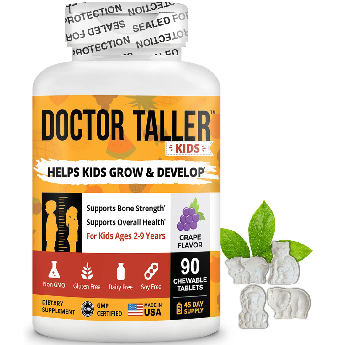 Doctor Taller Kids - Kids Multivitamins, Toddler Vitamins - Support Bone Strength, Enhanced Immunity with Calcium, Multivitamins for Ages 2 to 9 - Grape Flavor - 90 Vegan Chewable Tablets | 1 Pack