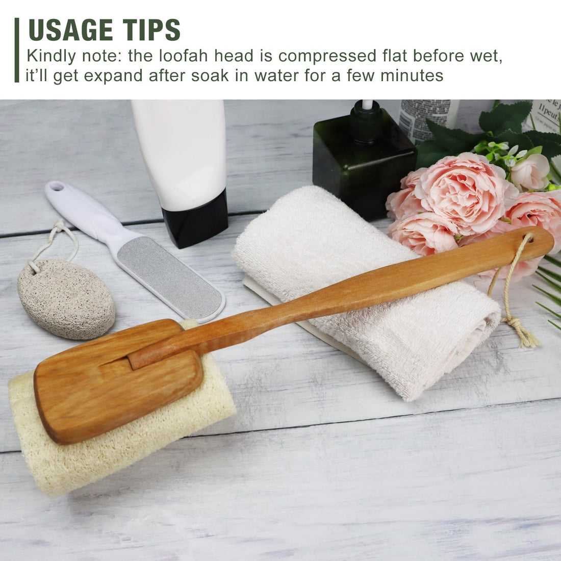 Natural Exfoliating Loofah Back Scrubber Bath Brush with Long Wooden Handle for Body Shower Bath Spa, 2 Pack