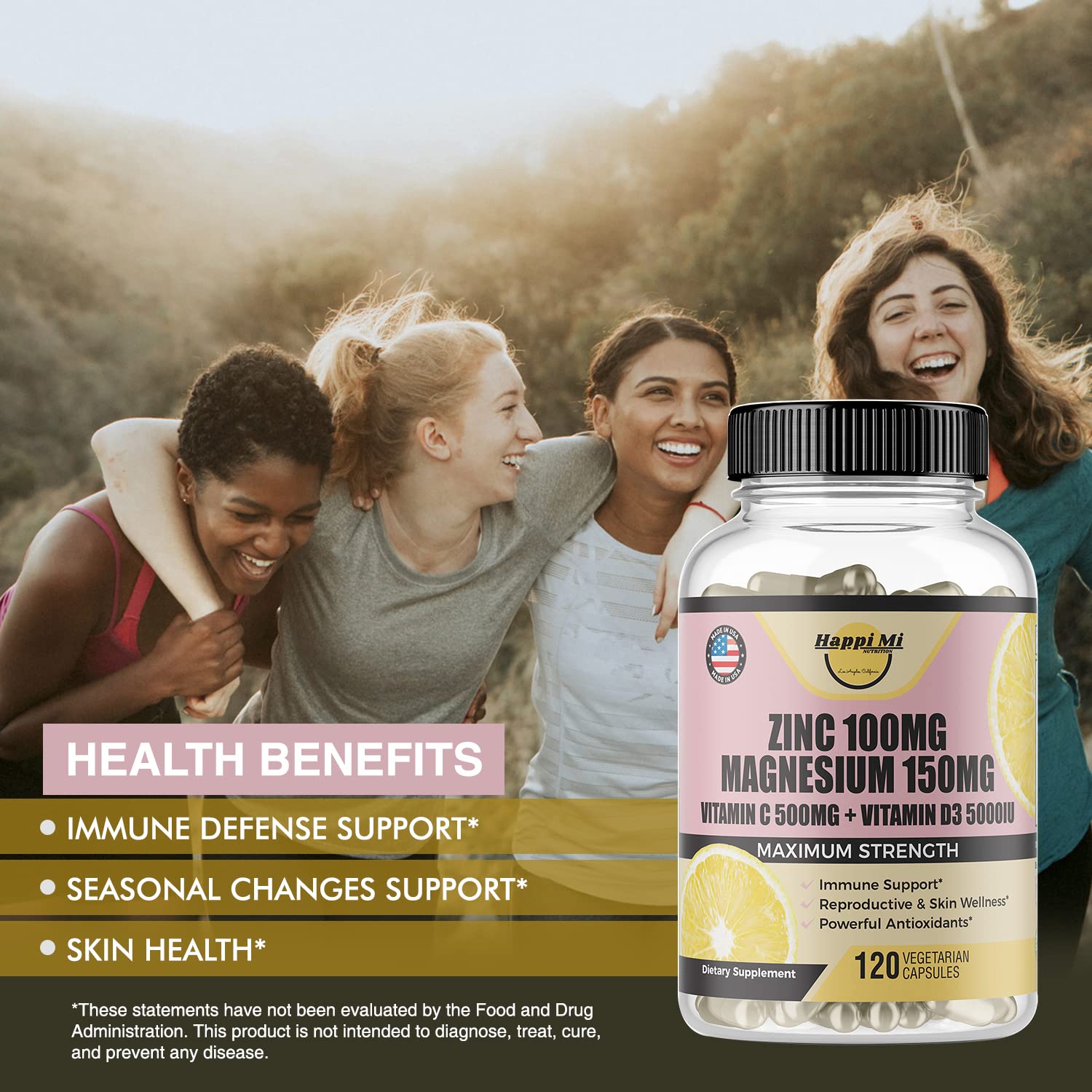 Happi Mi Nutrition Zinc, Zinc 100mg, Magnesium Glycinate 150mg, Vitamin D3 5000 IU, Vitamin C 500mg Per Serving, Immune Support, Immune Booster, Zinc Magnesium, Elemental Zinc, Antioxidant Support