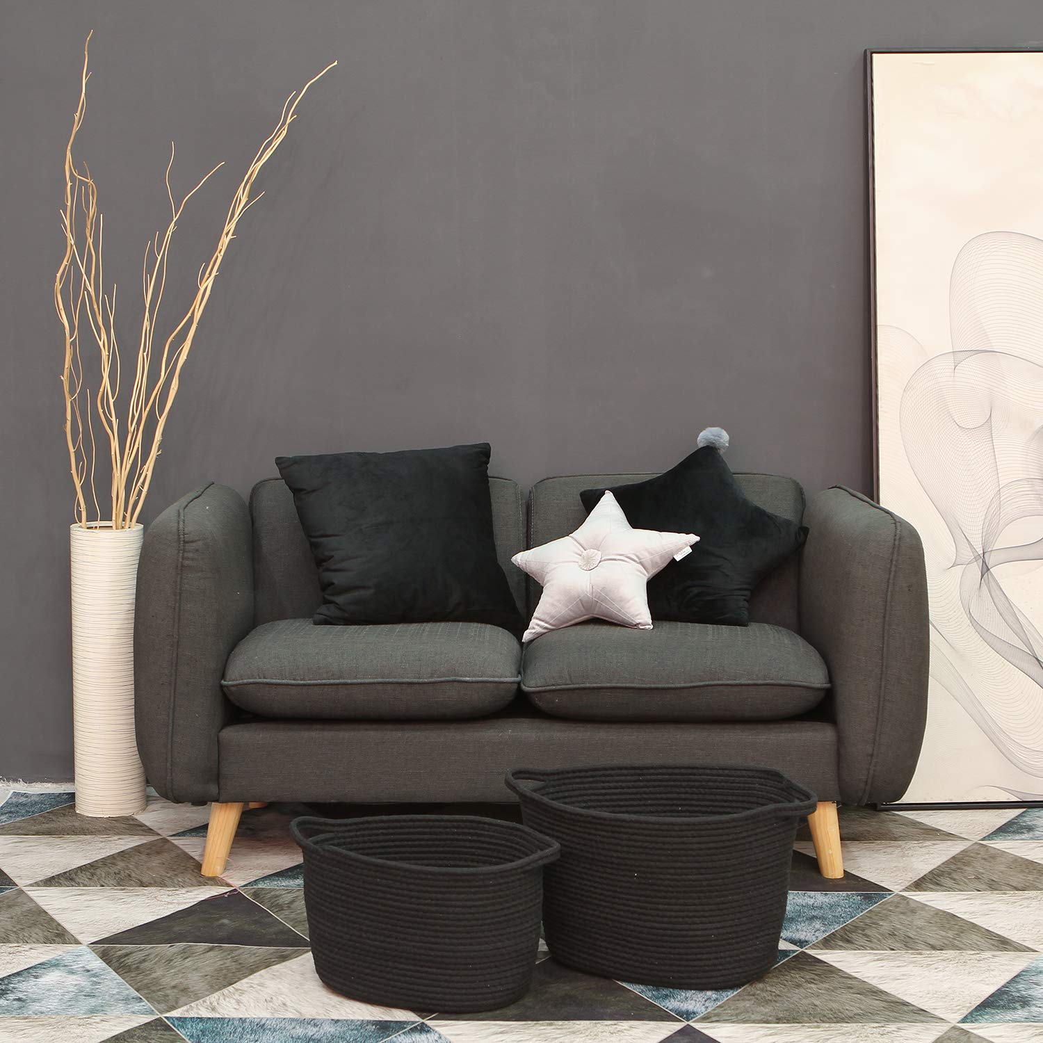 Sea Team Oval Cotton Rope Woven Storage Basket with Handles, Diaper Caddy, Nursery Nappies Organizer, Baby Shower Basket for Kid's Room, 12.2 x 8.7 x 9 Inches (Small Size, Black)