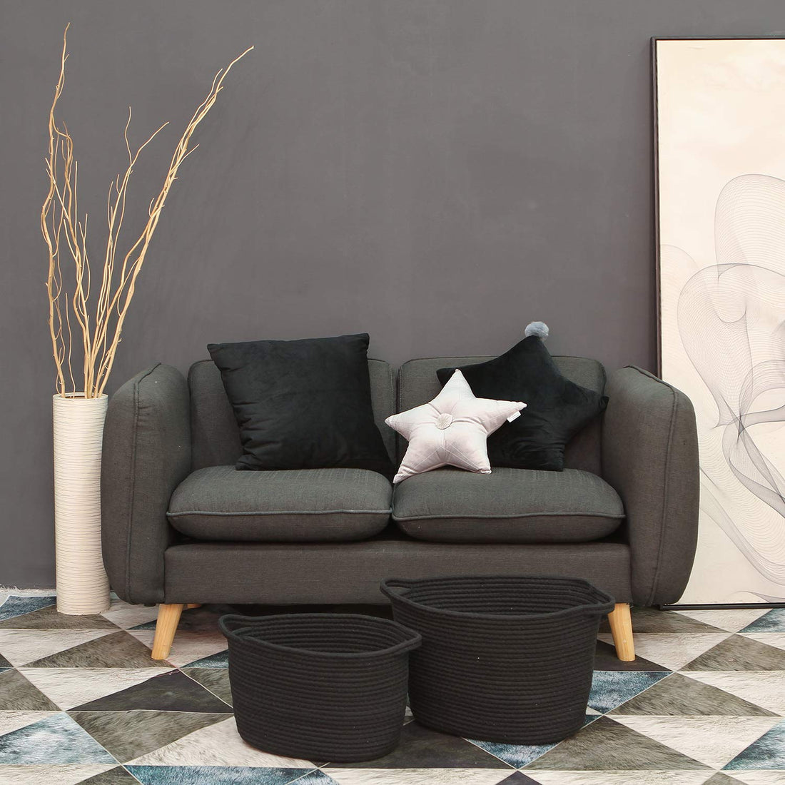 Sea Team Oval Cotton Rope Woven Storage Basket with Handles, Diaper Caddy, Nursery Nappies Organizer, Baby Shower Basket for Kid's Room, 12.2 x 8.7 x 9 Inches (Small Size, Black)